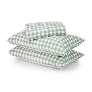 Check Flannelette Cotton Reversible Quilt Cover Set - King Bed, Green