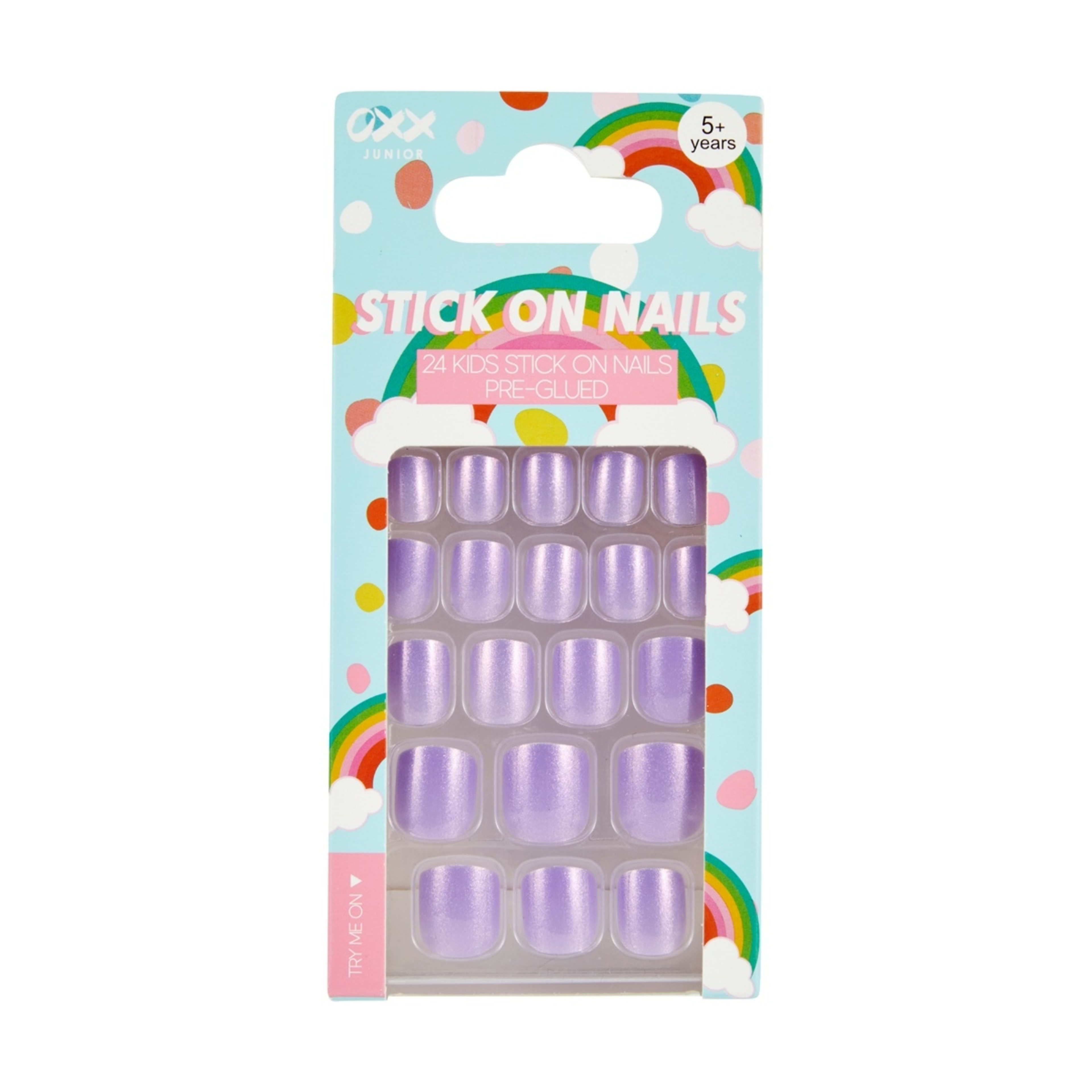 1 OXX Junior 24 Pack Kids Pre-Glued Stick-On Nails - Purple Iridescent