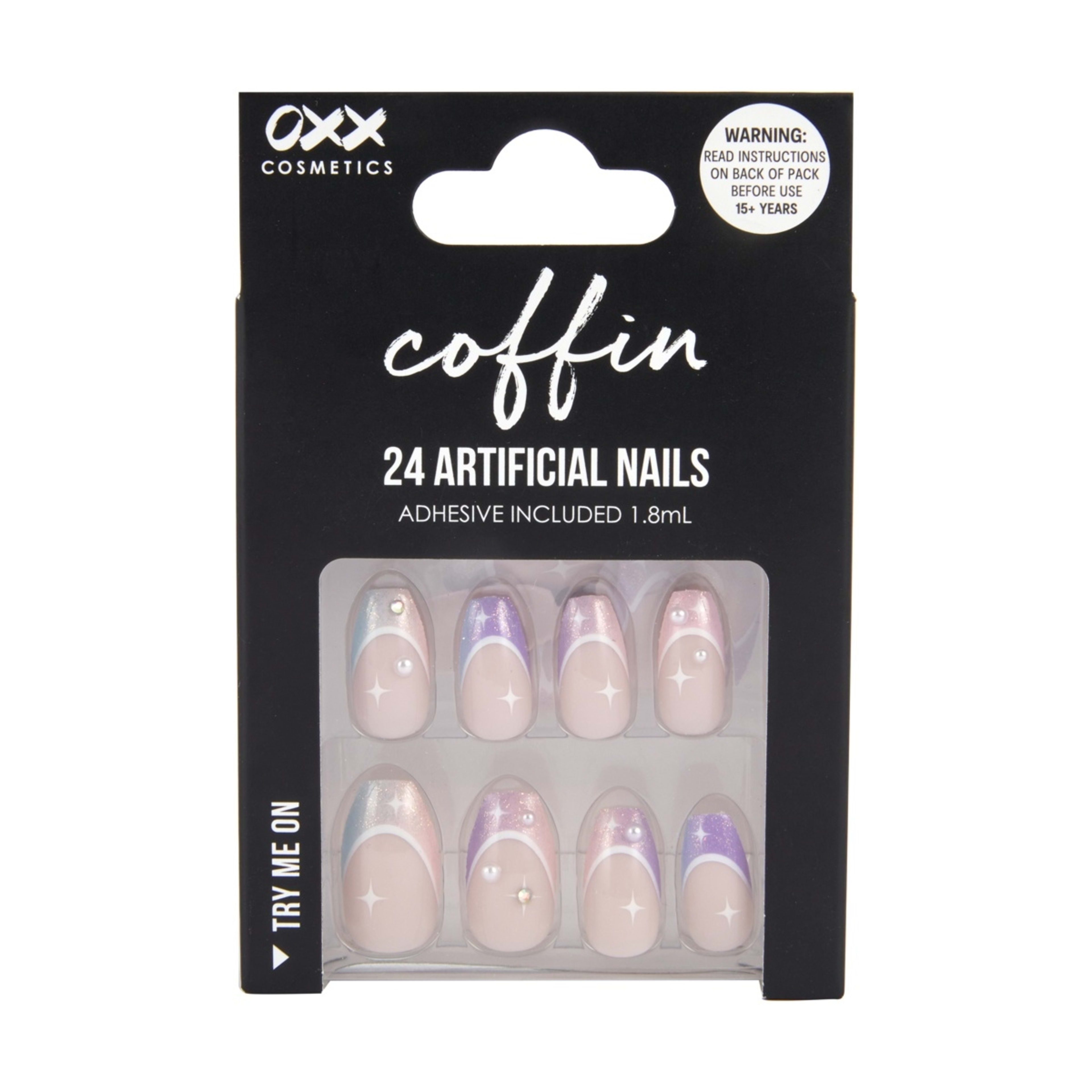 1 OXX Cosmetics 24 Pack Artificial Nails with Adhesive - Coffin Shape, Dusk Shimmer