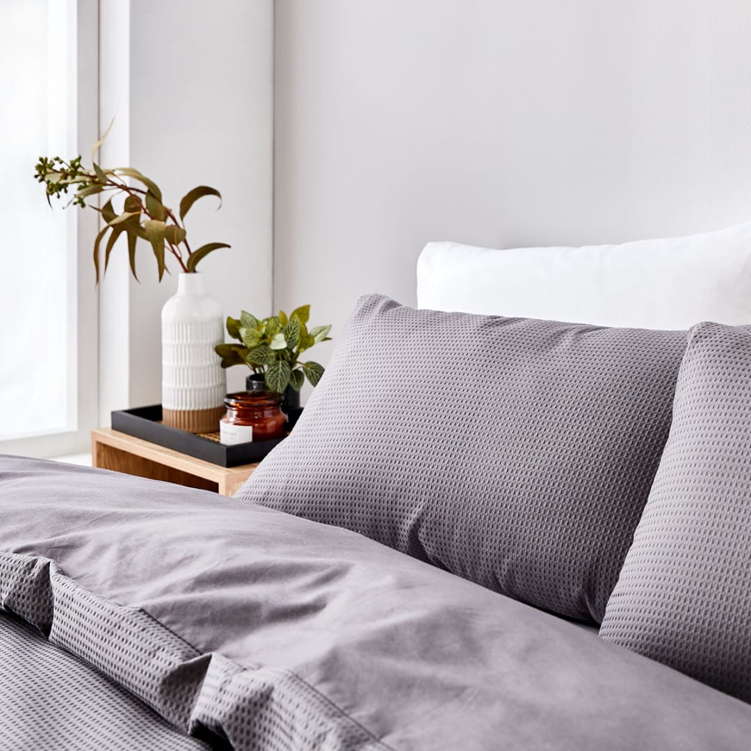 Waffle Cotton Quilt Cover Set Queen Bed, Charcoal Kmart