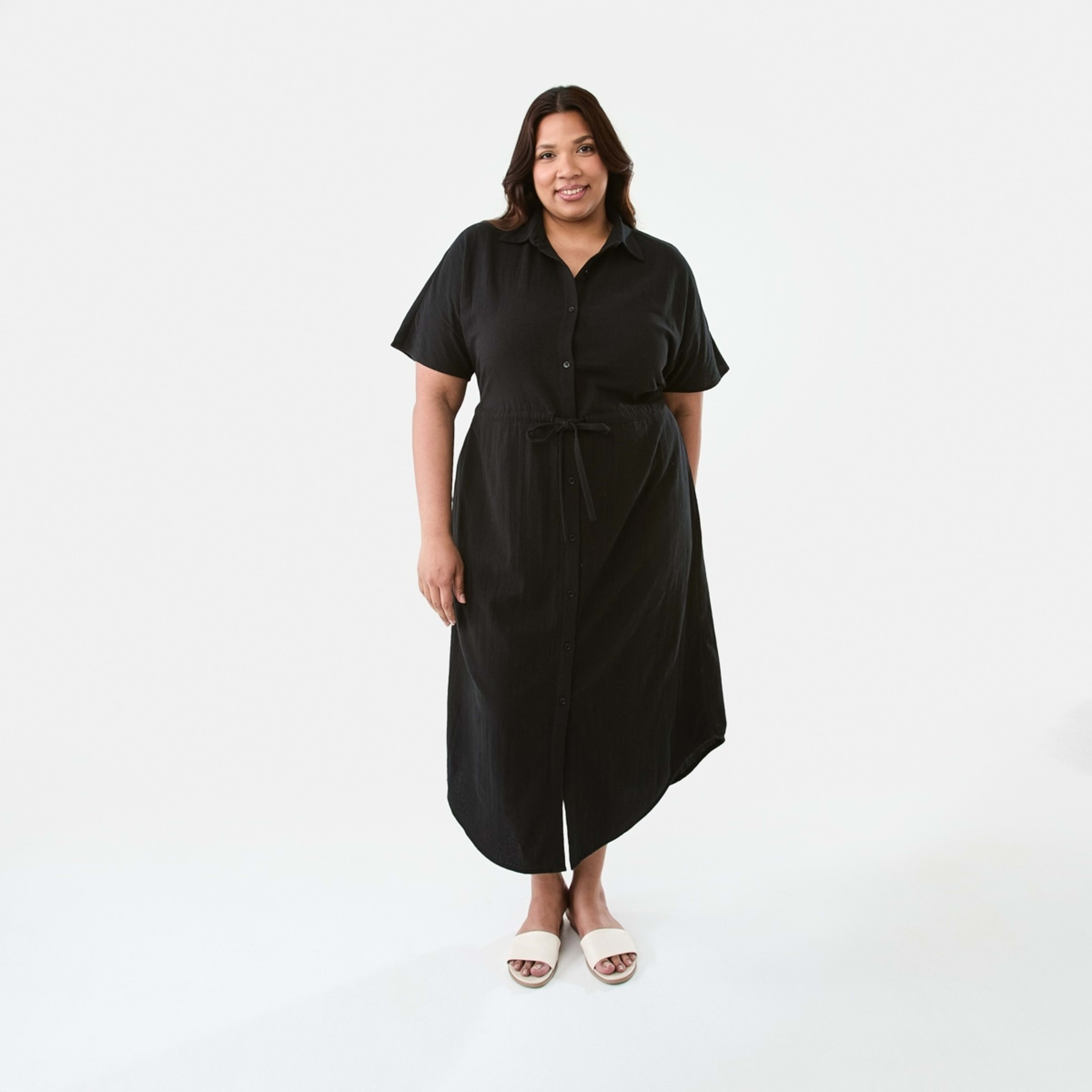 1 Curve Short Sleeve Tie Front Shirt Midi Dress Black, 1 of 7