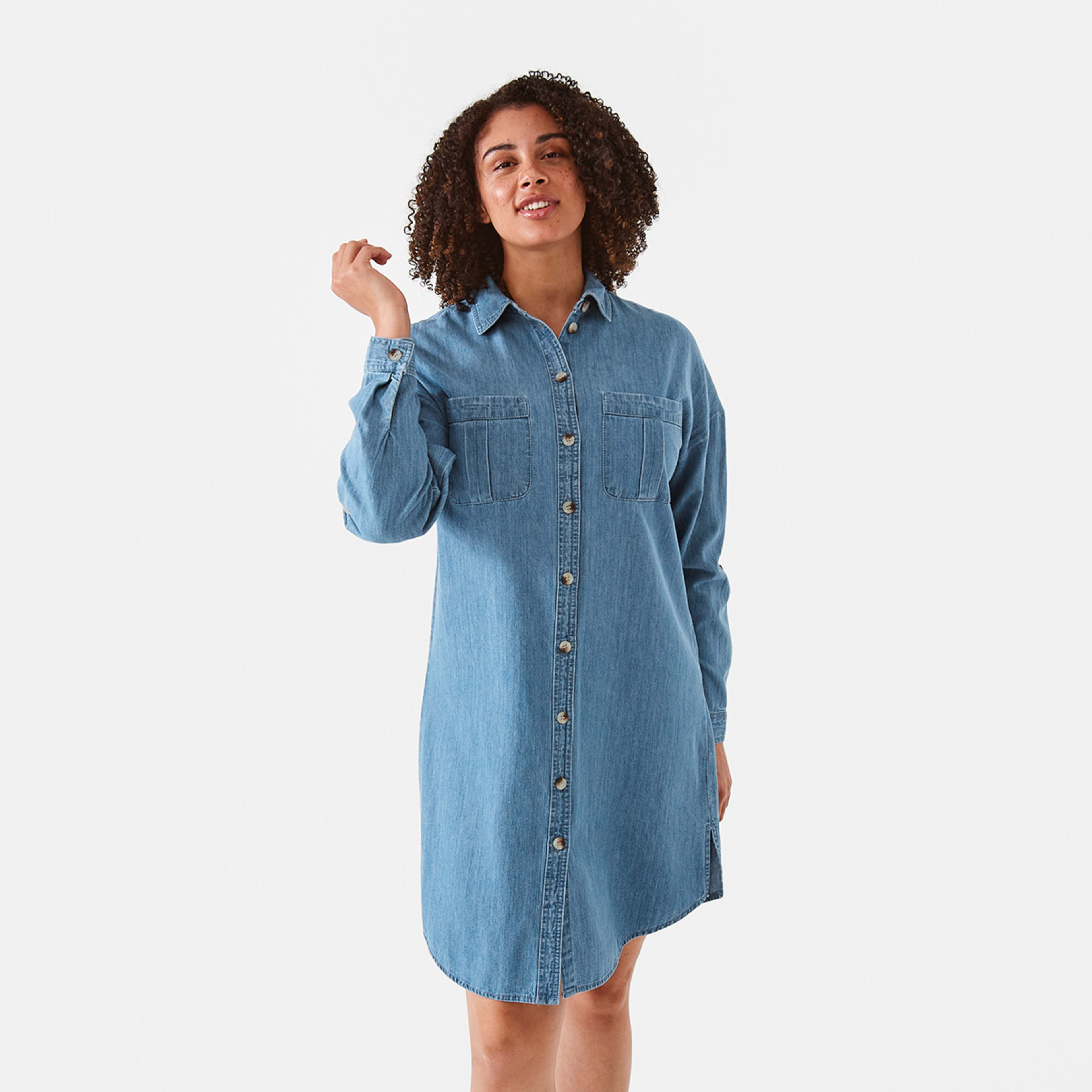 2 Long Sleeve Shift Shirt Midi Dress Mid Wash, 2 of 8