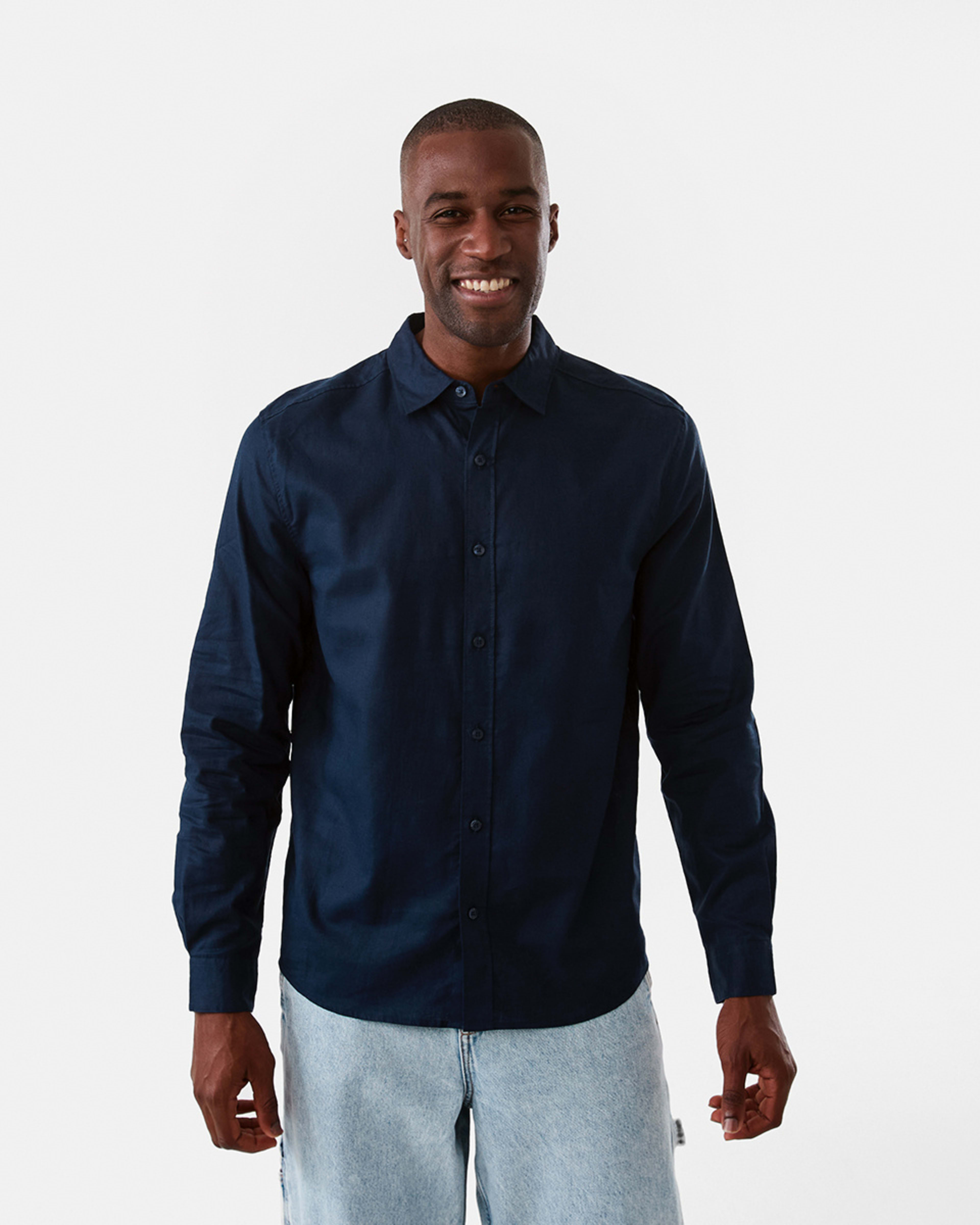 1 Long Sleeve Solid Linen Blend Shirt Blu Pcoat