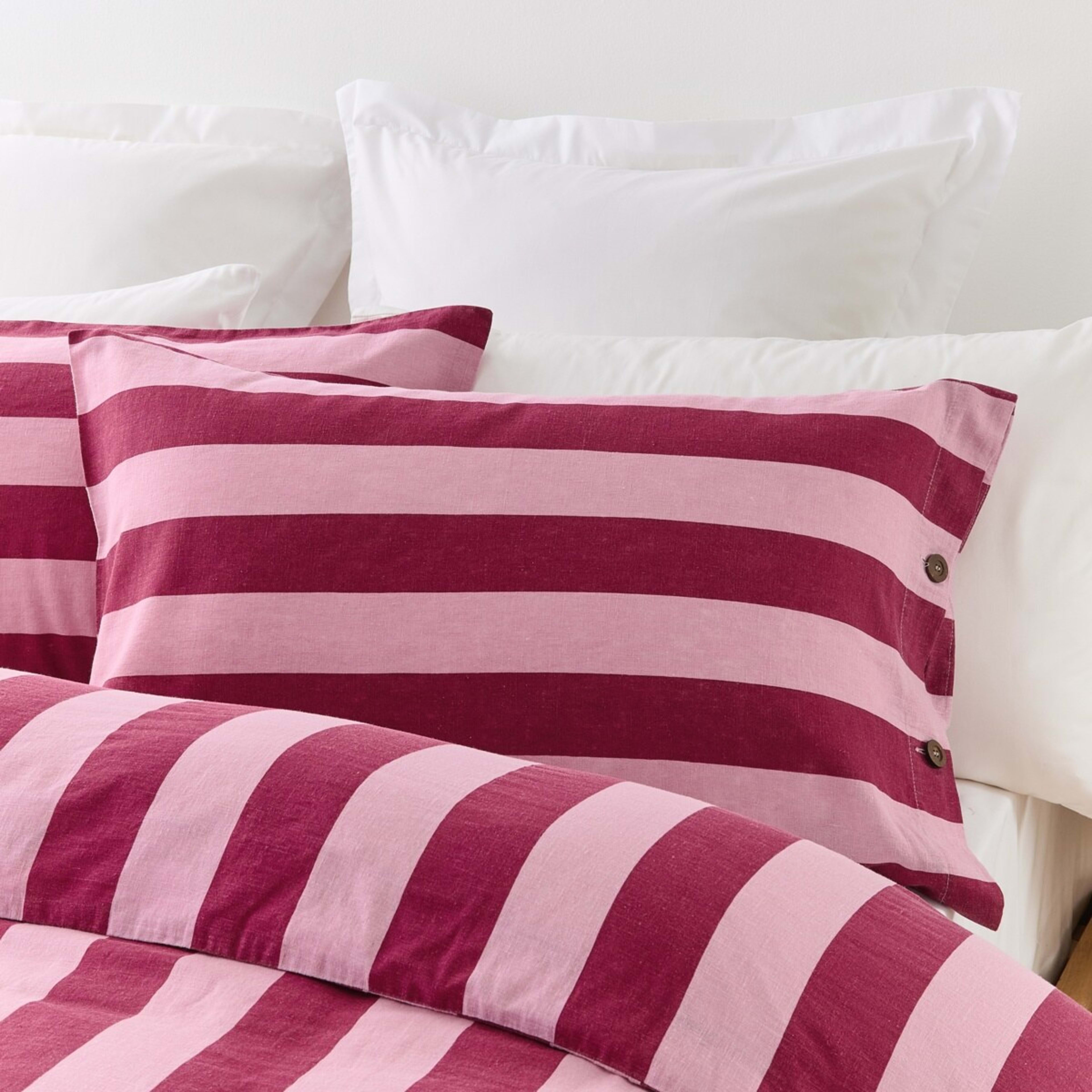 2 Stripe Linen Cotton Quilt Cover Set - Queen Bed, Berry, 2 of 7