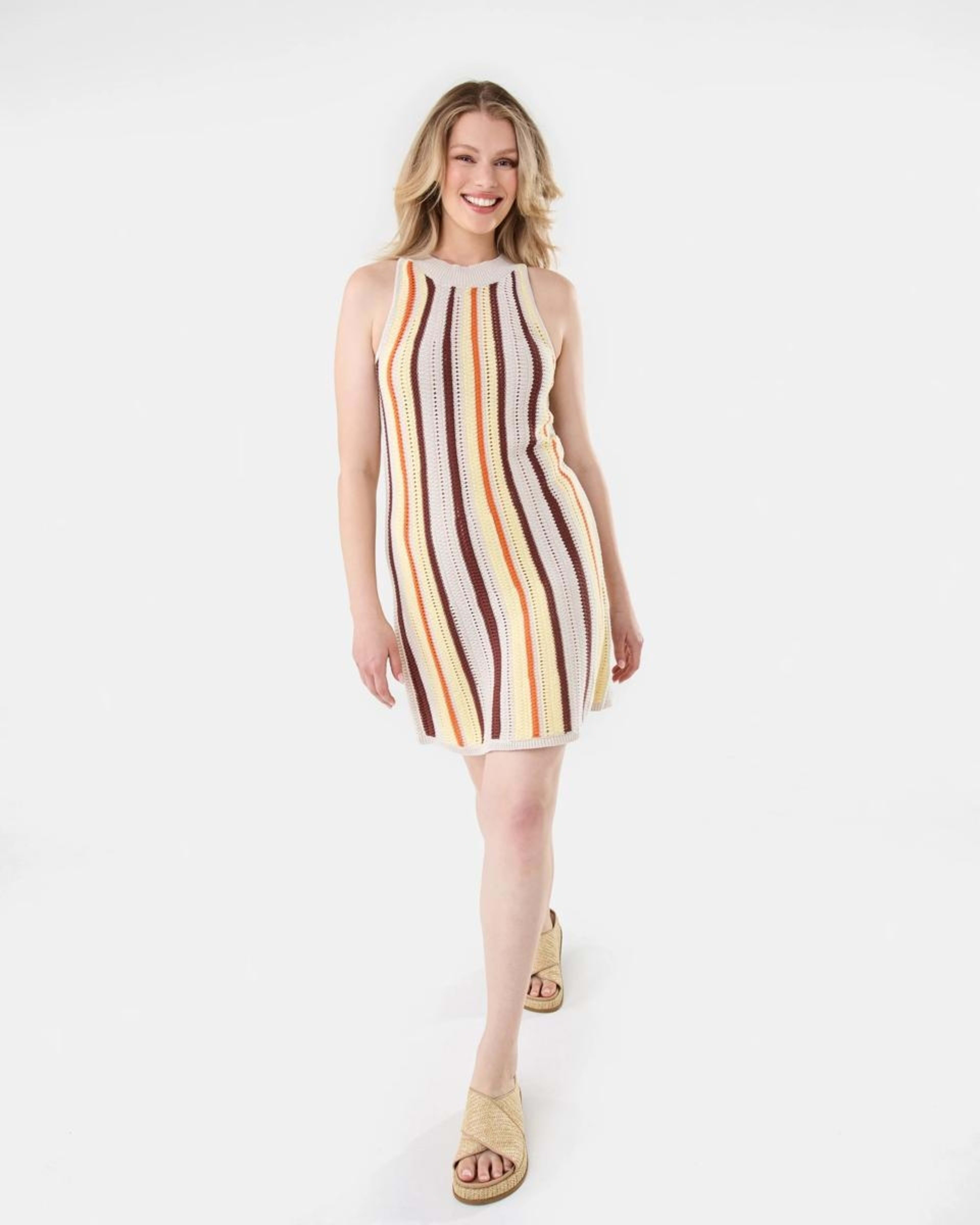 1 Sleeveless Crochet Mini Dress Multi Strp, 1 of 9