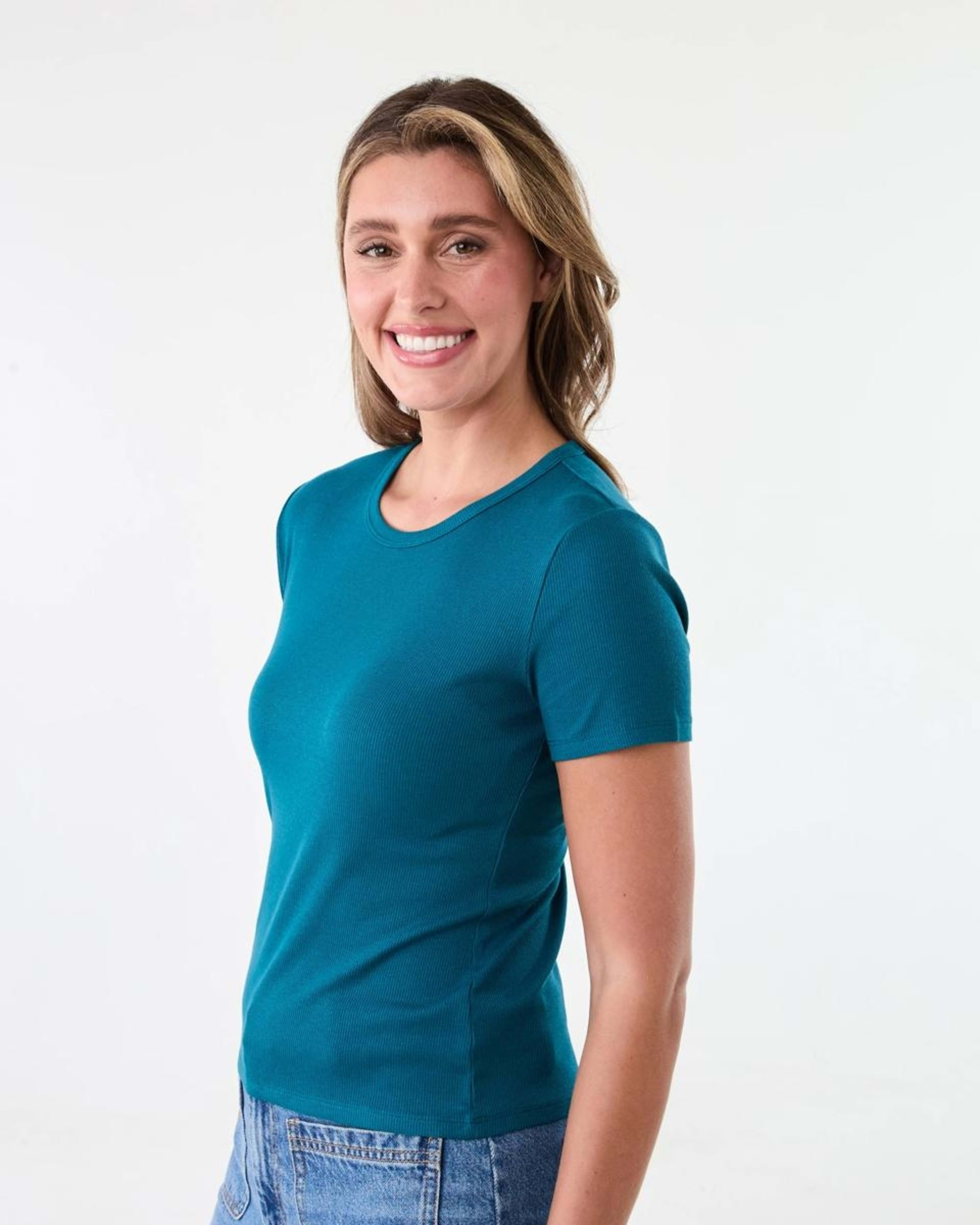 2 Short Sleeve Rib Crew Neck T-shirt Teal Coral, 2 of 6