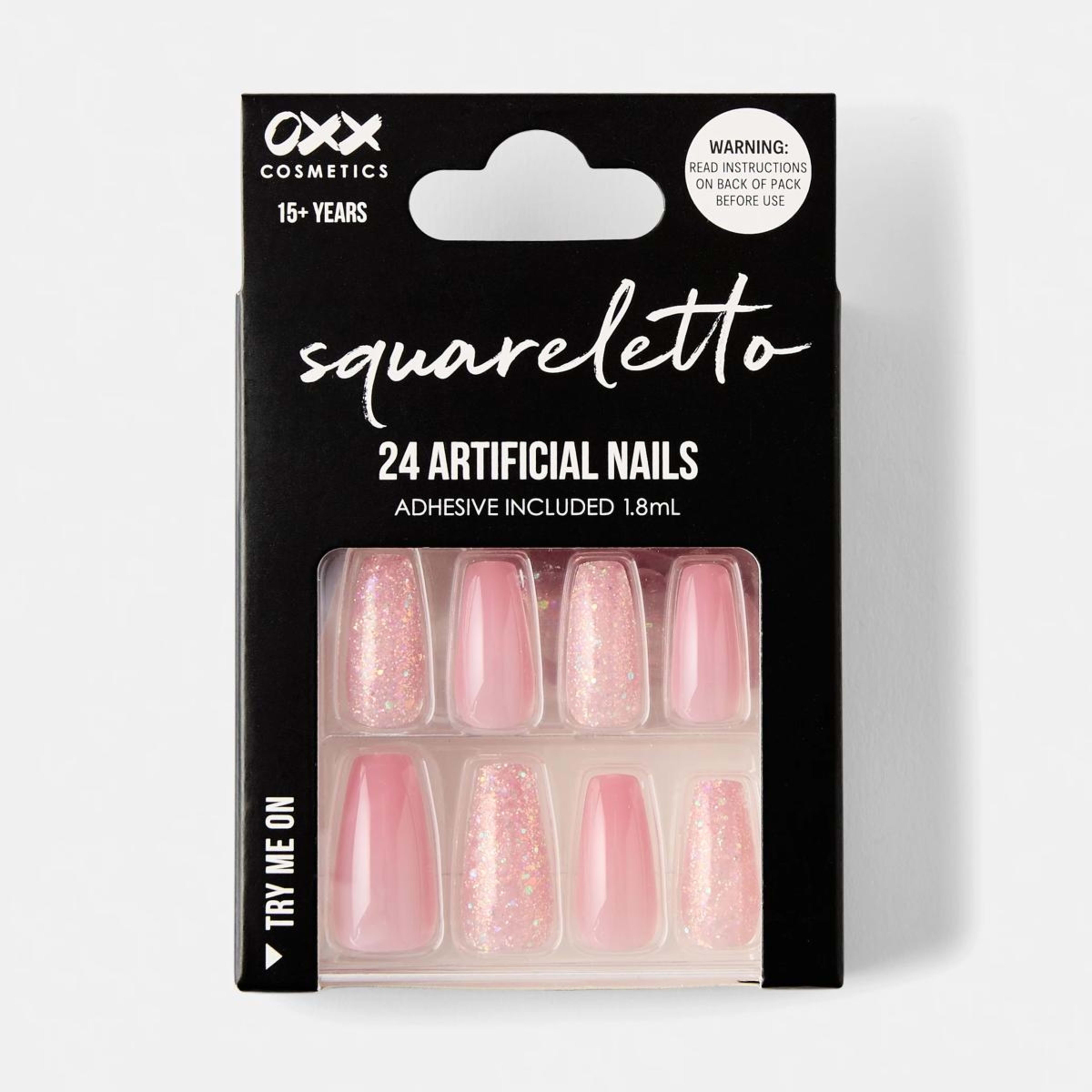 1 OXX Cosmetics 24 Pack Artificial Nails with Adhesive - Squareletto Shape, Pink Glitter