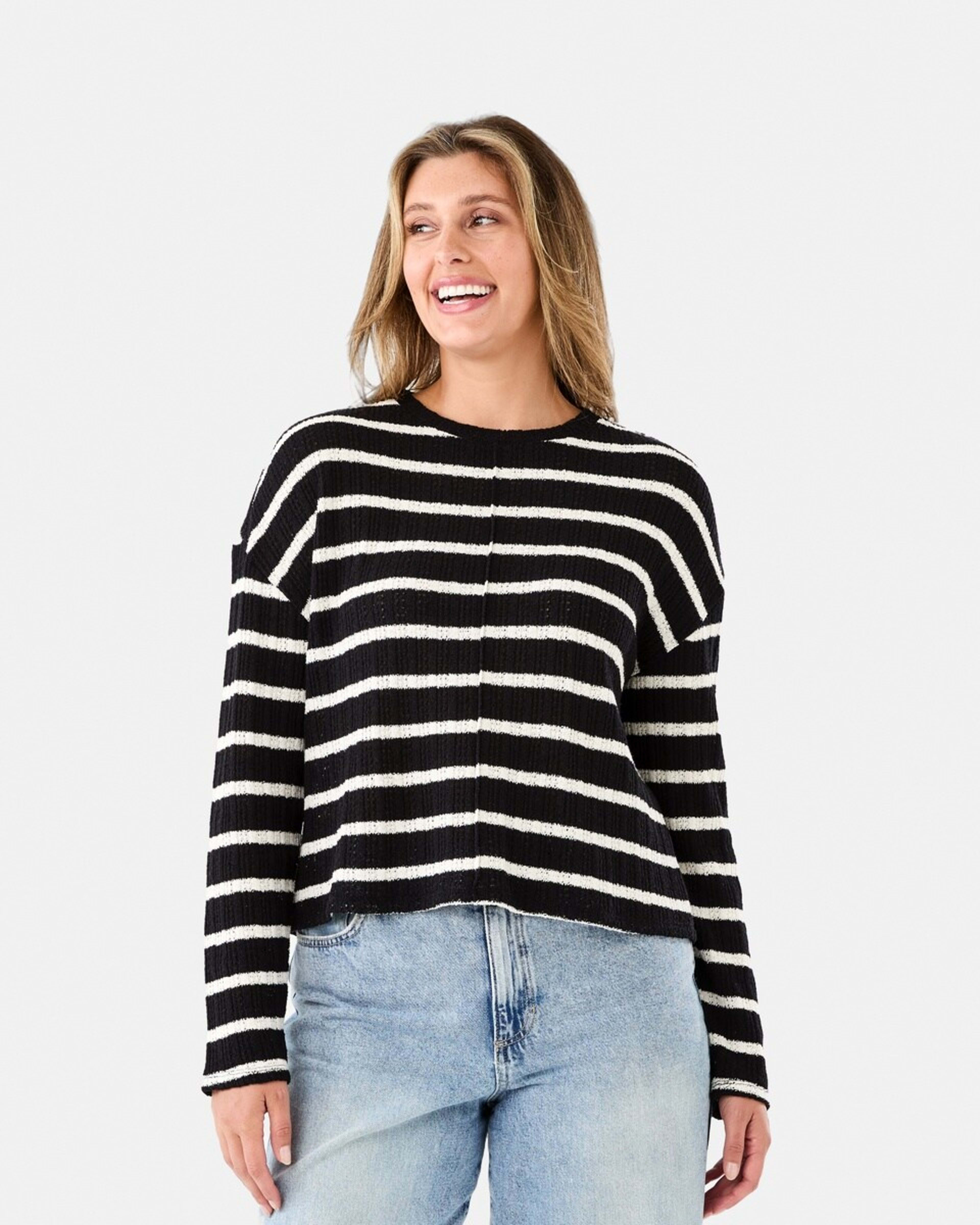 1 Long Sleeve Textured Top Black Strp, 1 of 7