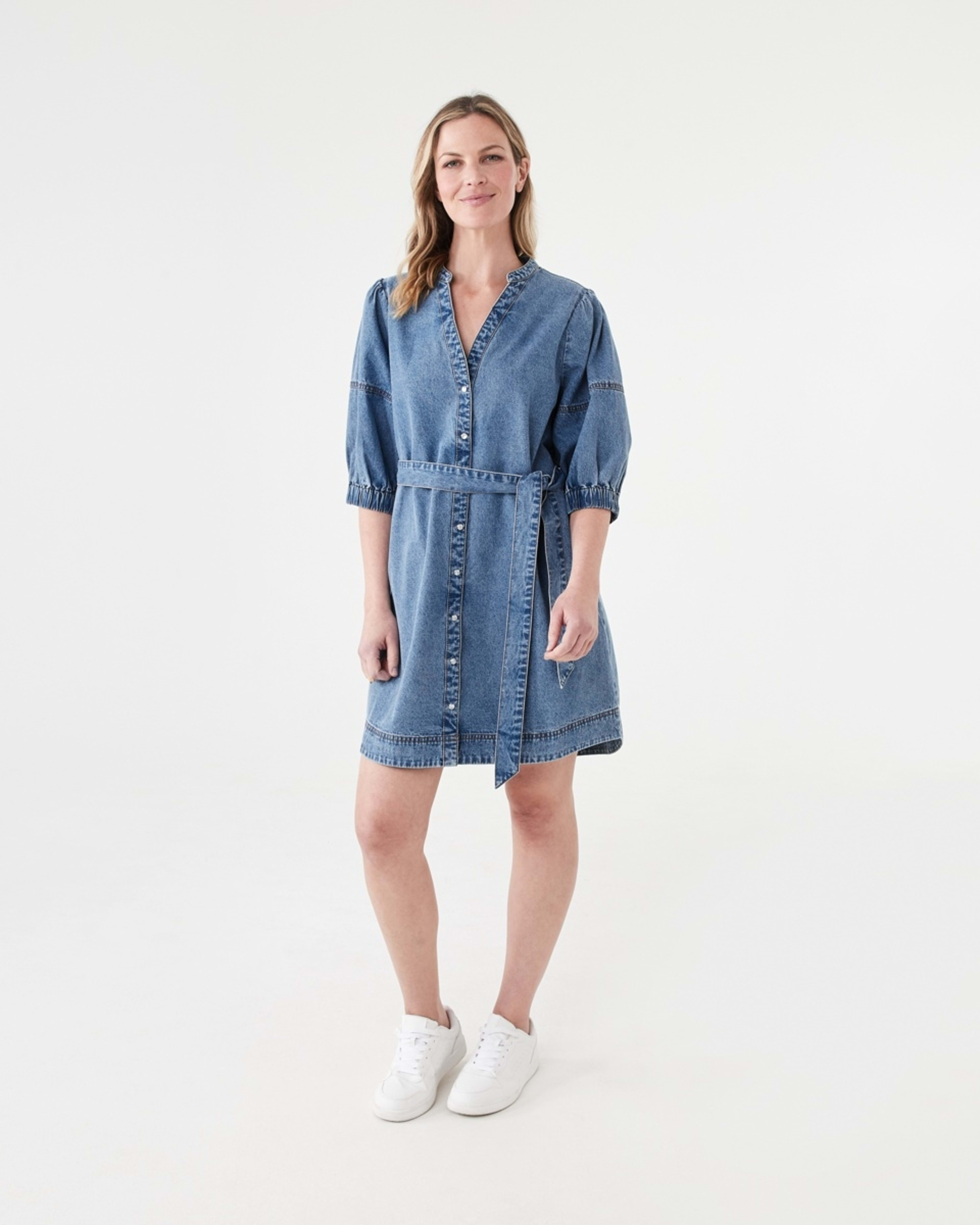 6 Short Sleeve Denim Puff Sleeve Mini Dress LIGHT DENIM WASH, 6 of 6