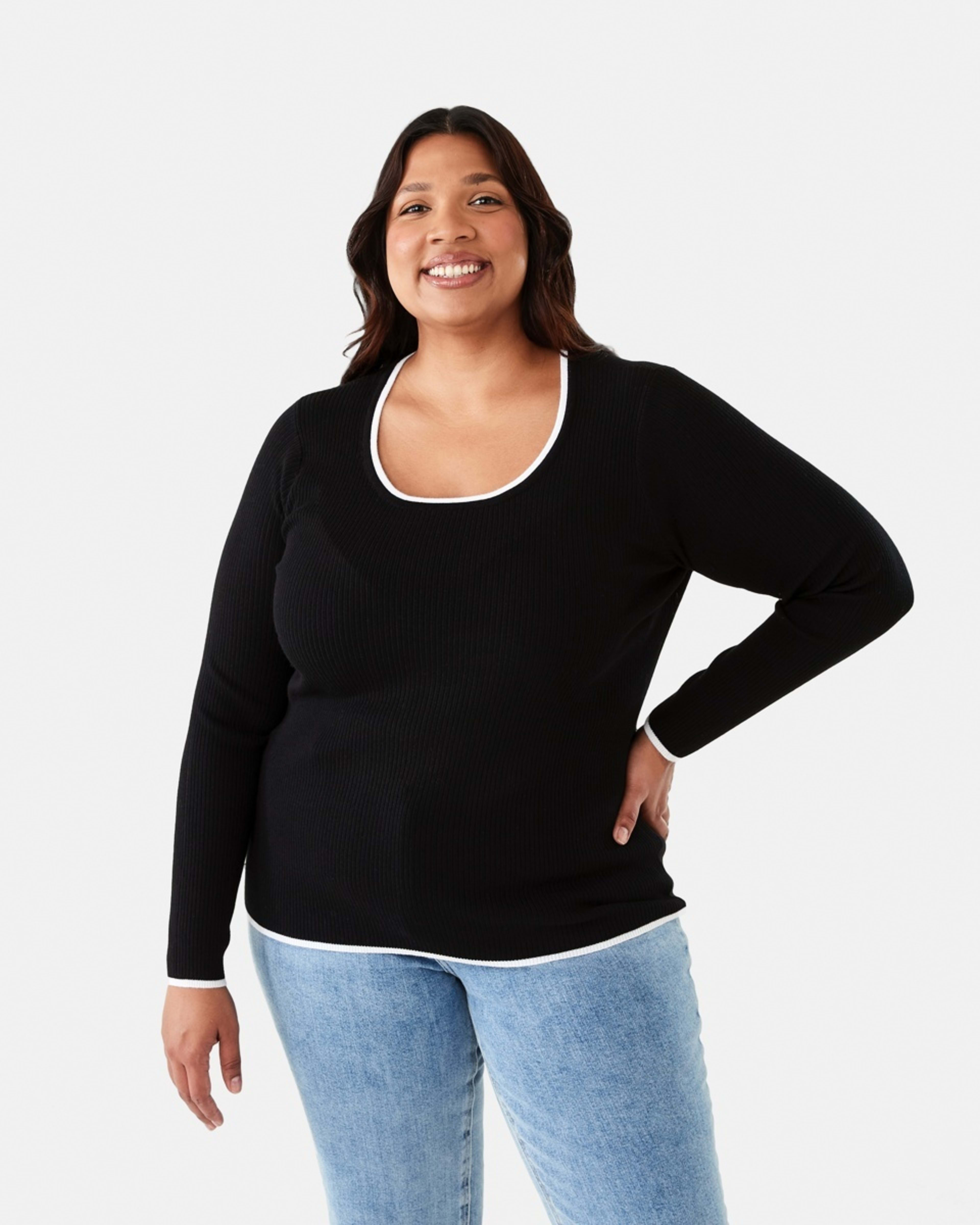 1 Curve Contrast Tipping Long Sleeve Top Black, 1 of 6
