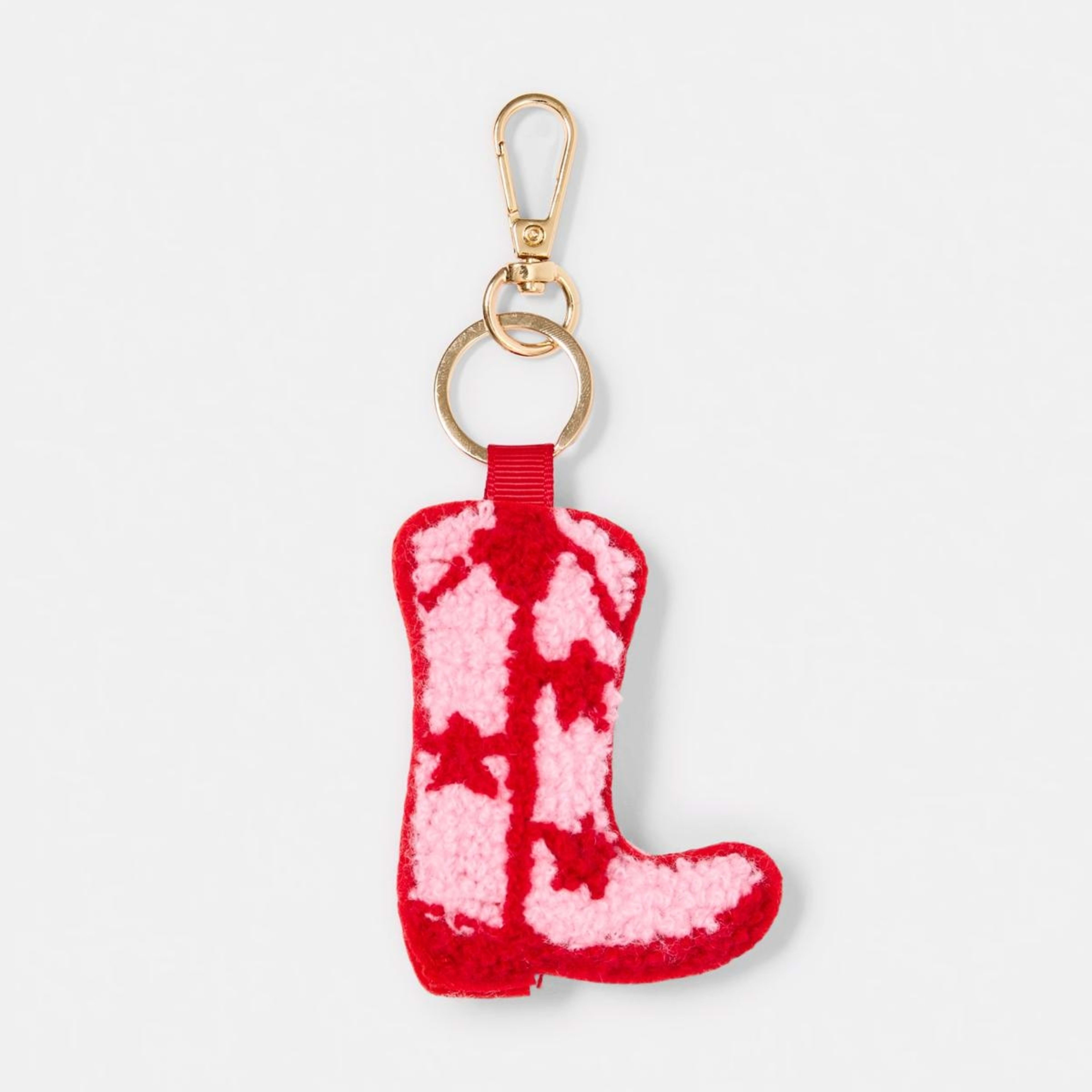 1 Fluffy Boot Charm Keyring - Gold Tone, Red and Pink