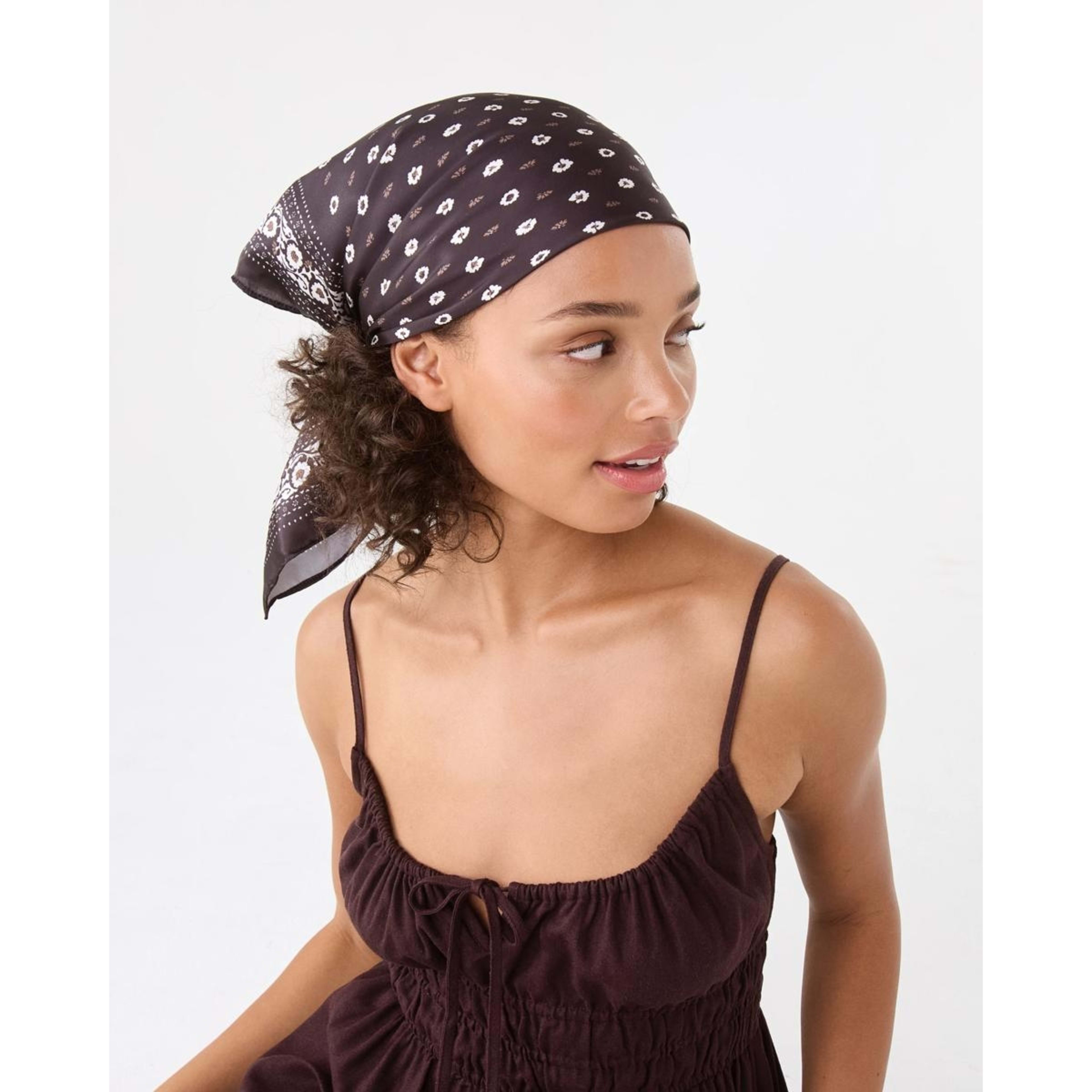 6 Ditsy Flower Print Hair Scarf - Brown, 6 of 10