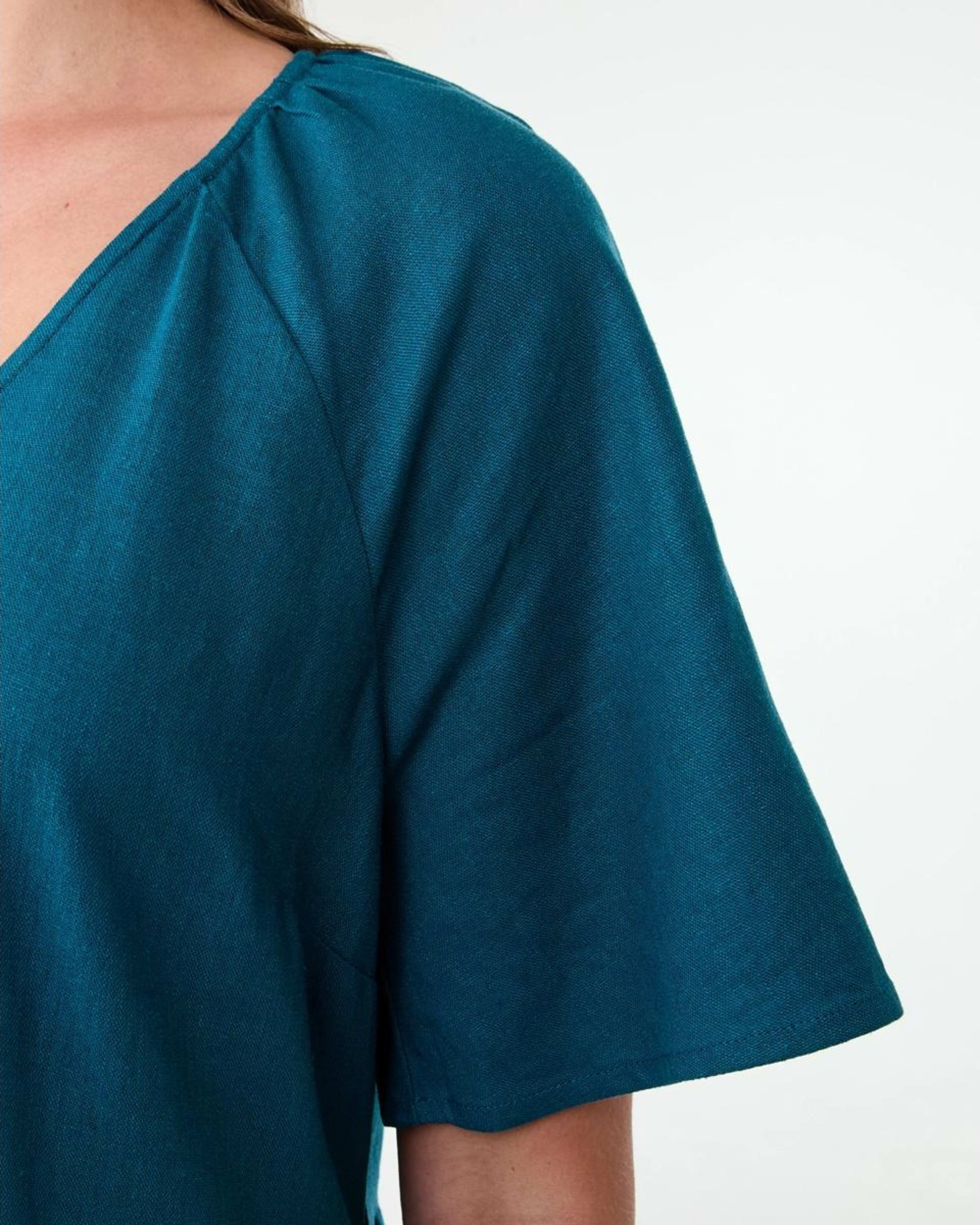 6 Short Sleeve Linen Blend Tiered Mini Dress Teal Coral, 6 of 9