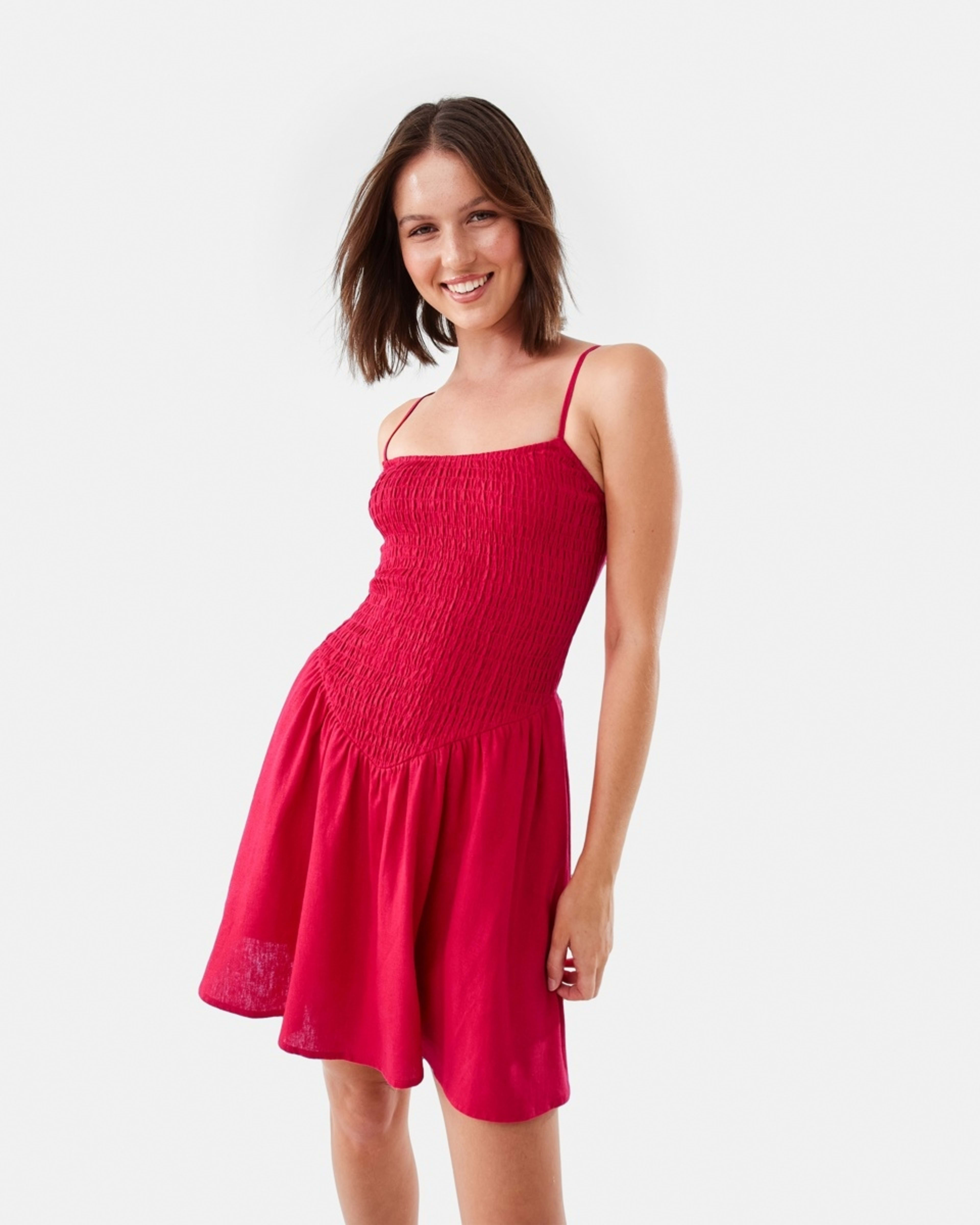 1 Sleeveless Shirred Bodice Mini Dress STRAWBERRY