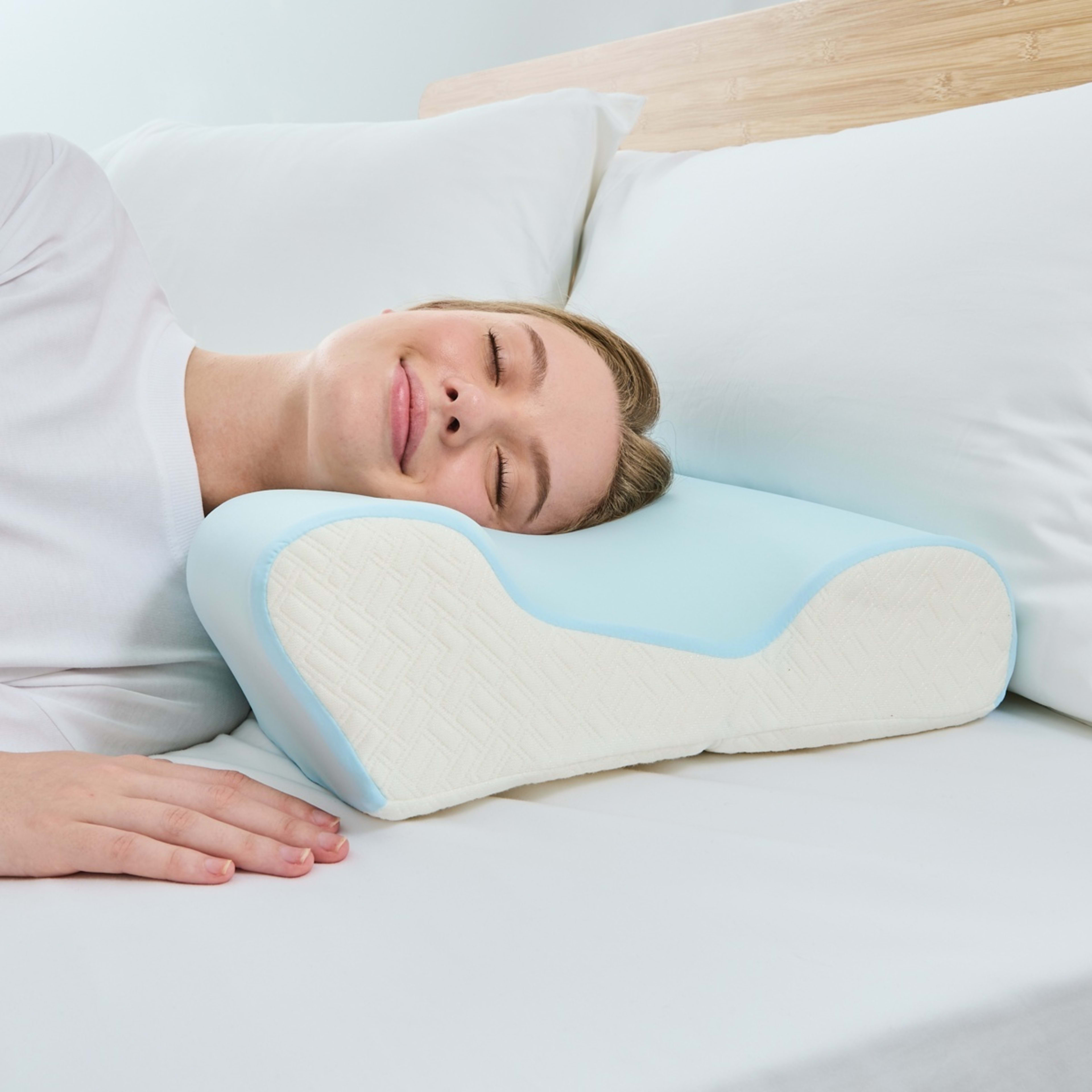 3 Ergonomic Memory Foam Pillow - Medium Profile, Blue and White, 3 of 10