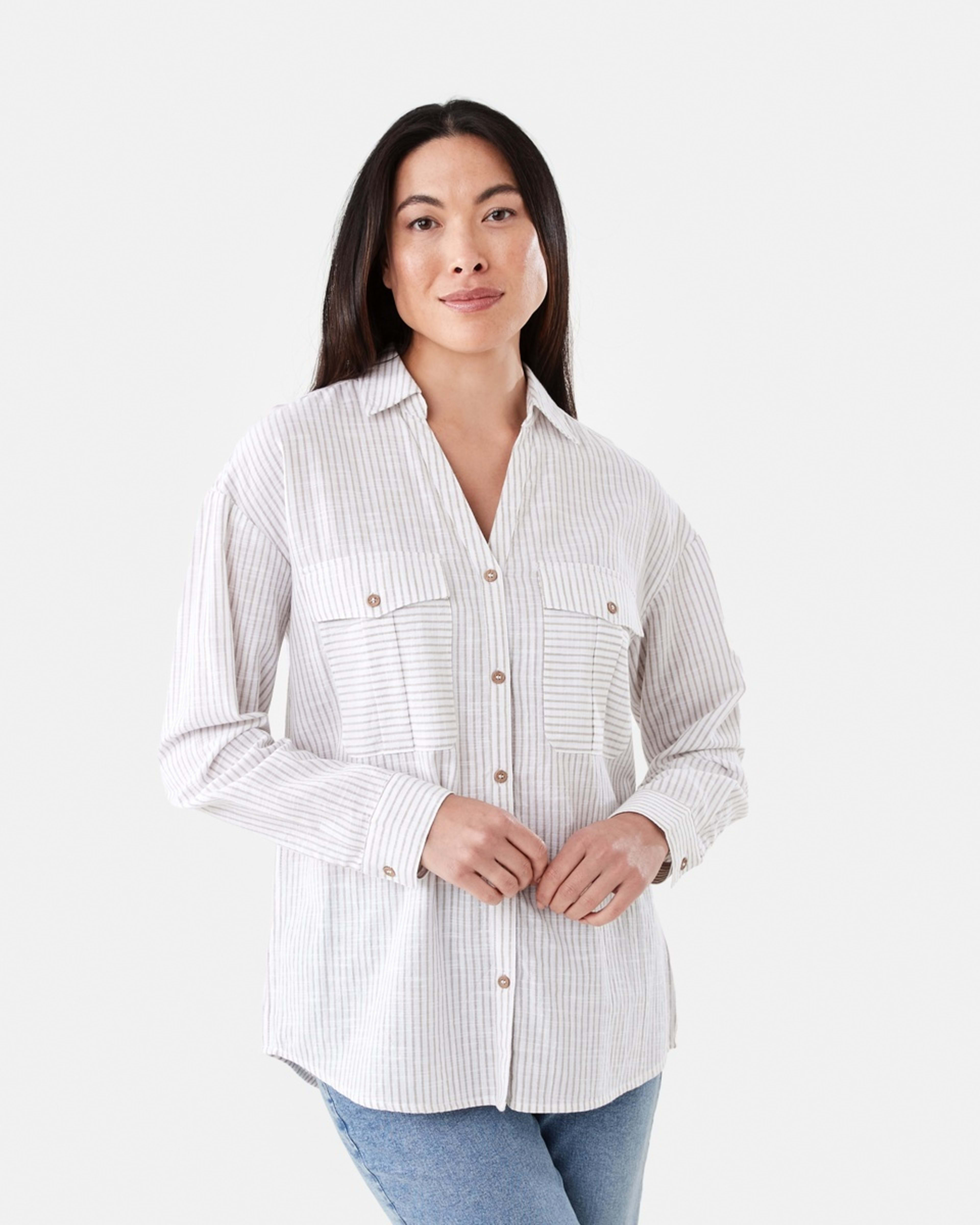 1 Long Roll Sleeve Cotton Shirt Strp Taupe, 1 of 6