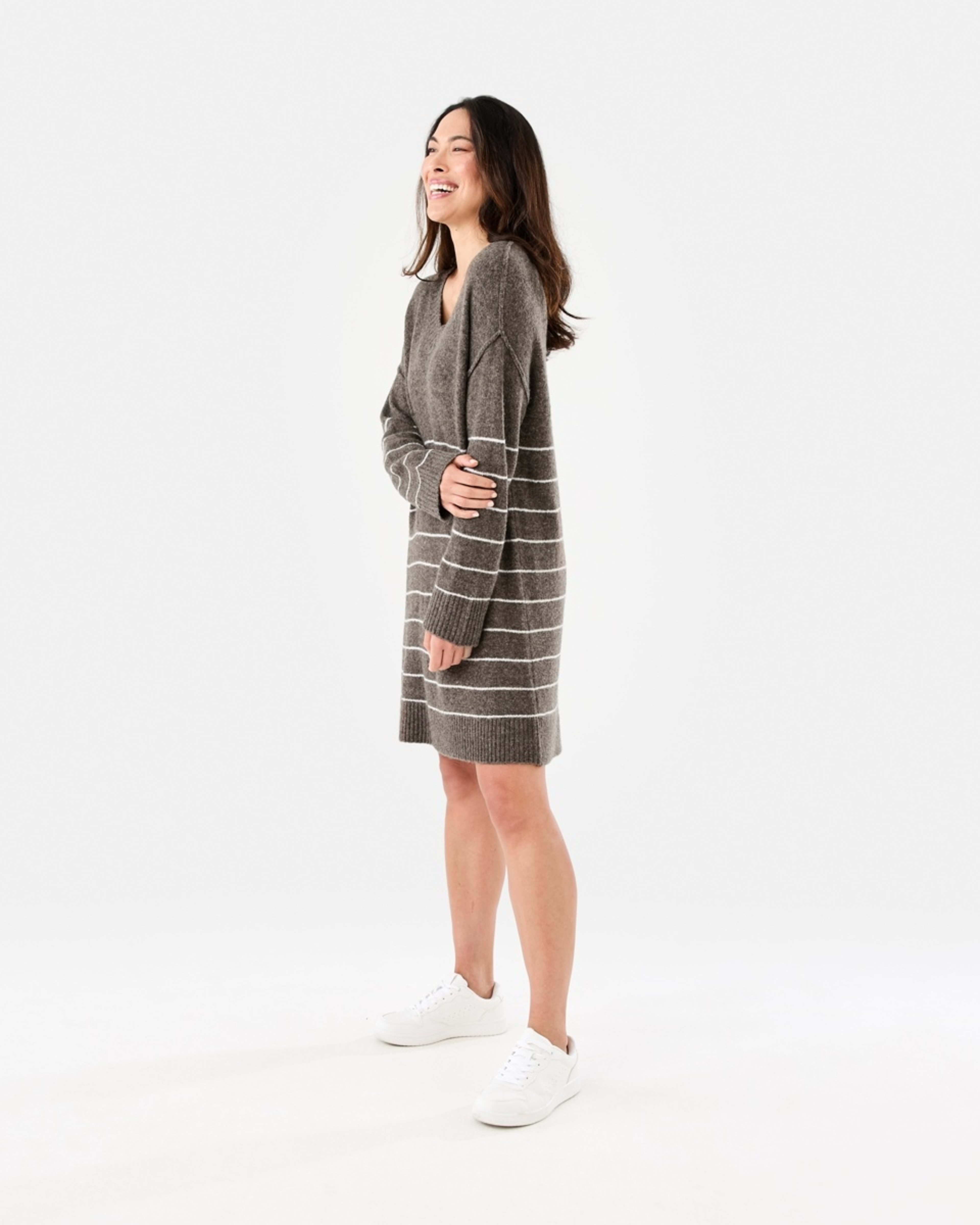 2 Long Sleeve V-Neck Sweater Mini Dress Brown Strp, 2 of 6