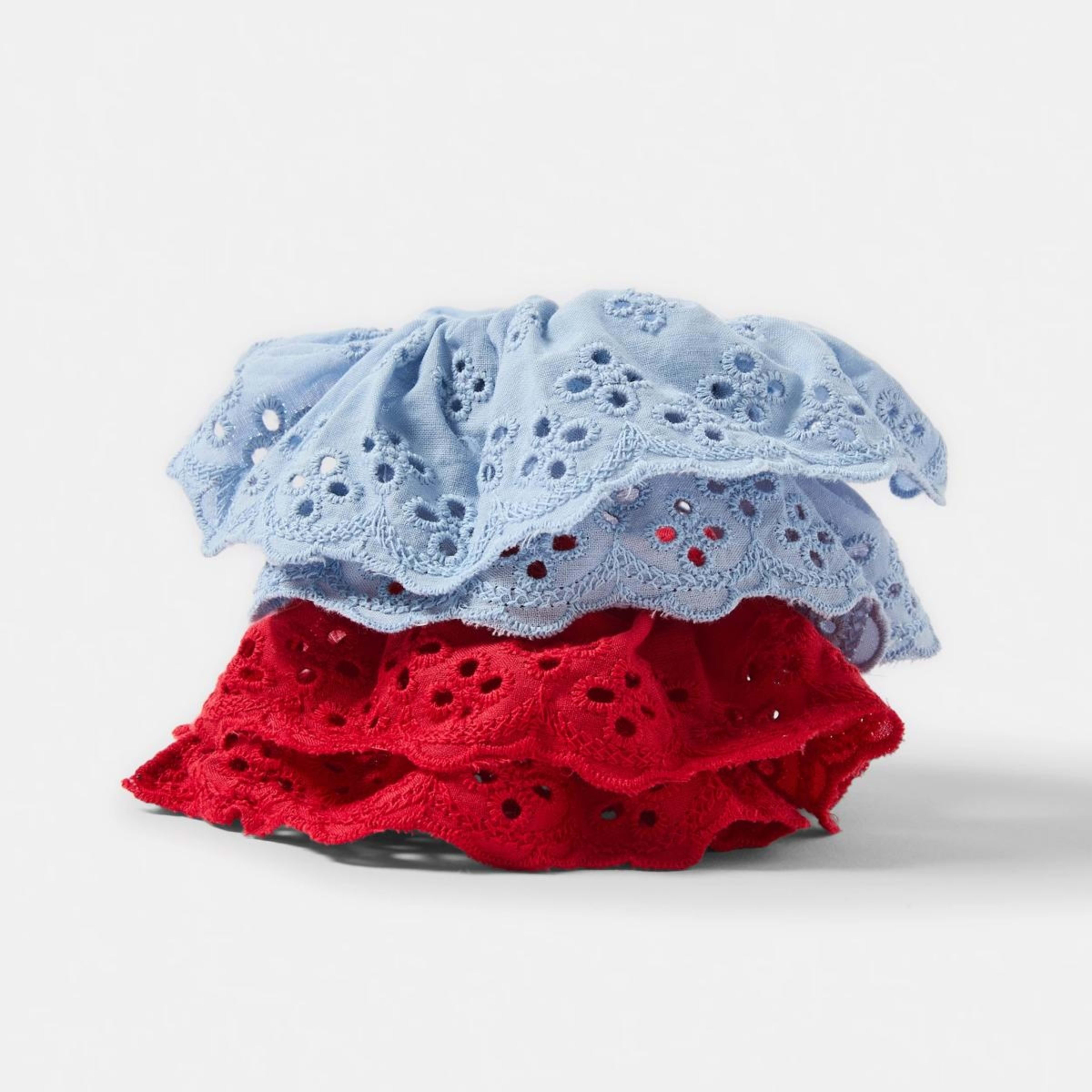 1 2 Pack Broderie Scrunchies - Blue and Red