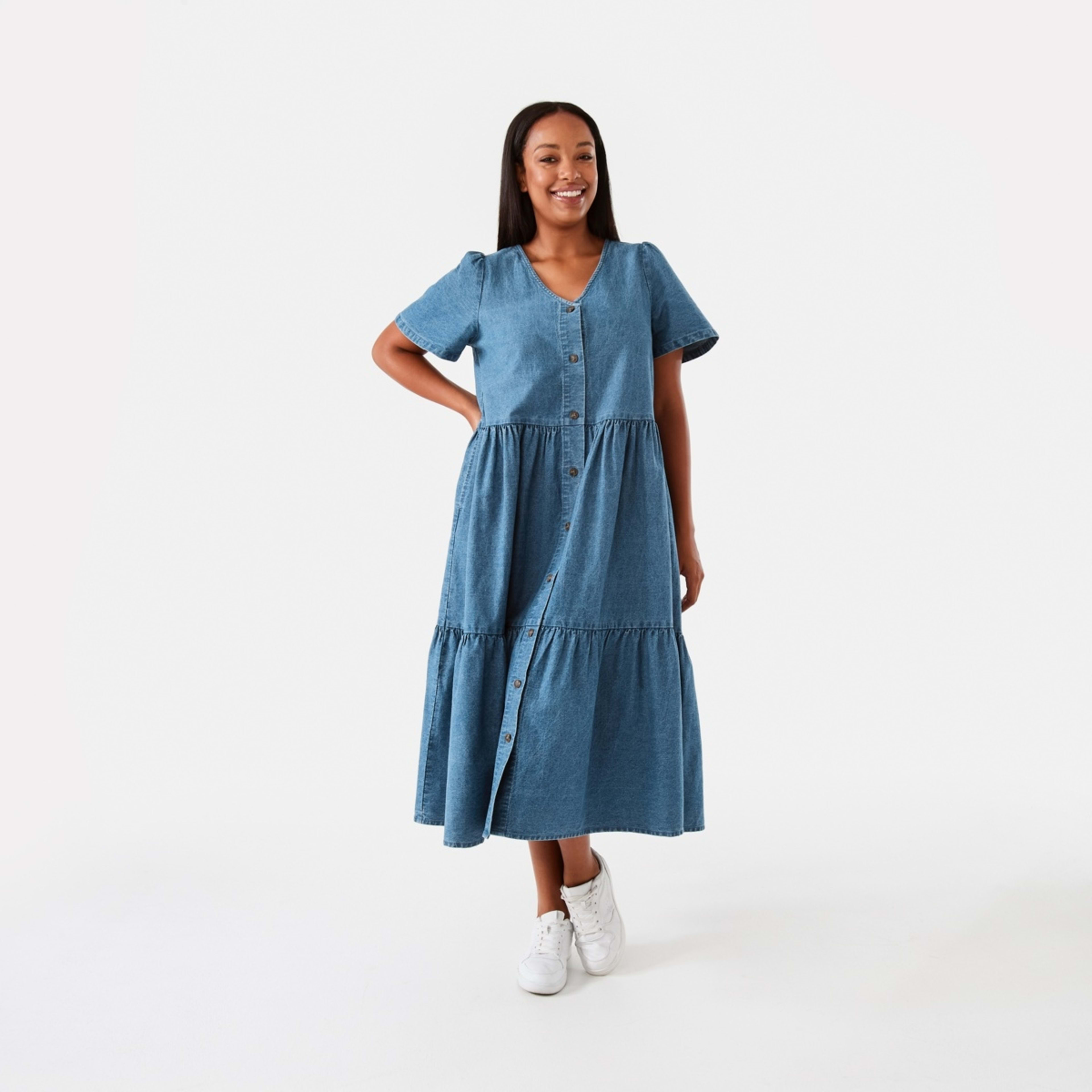 1 Short Sleeve Button Front Midi Dress Mid Wash, 1 of 7