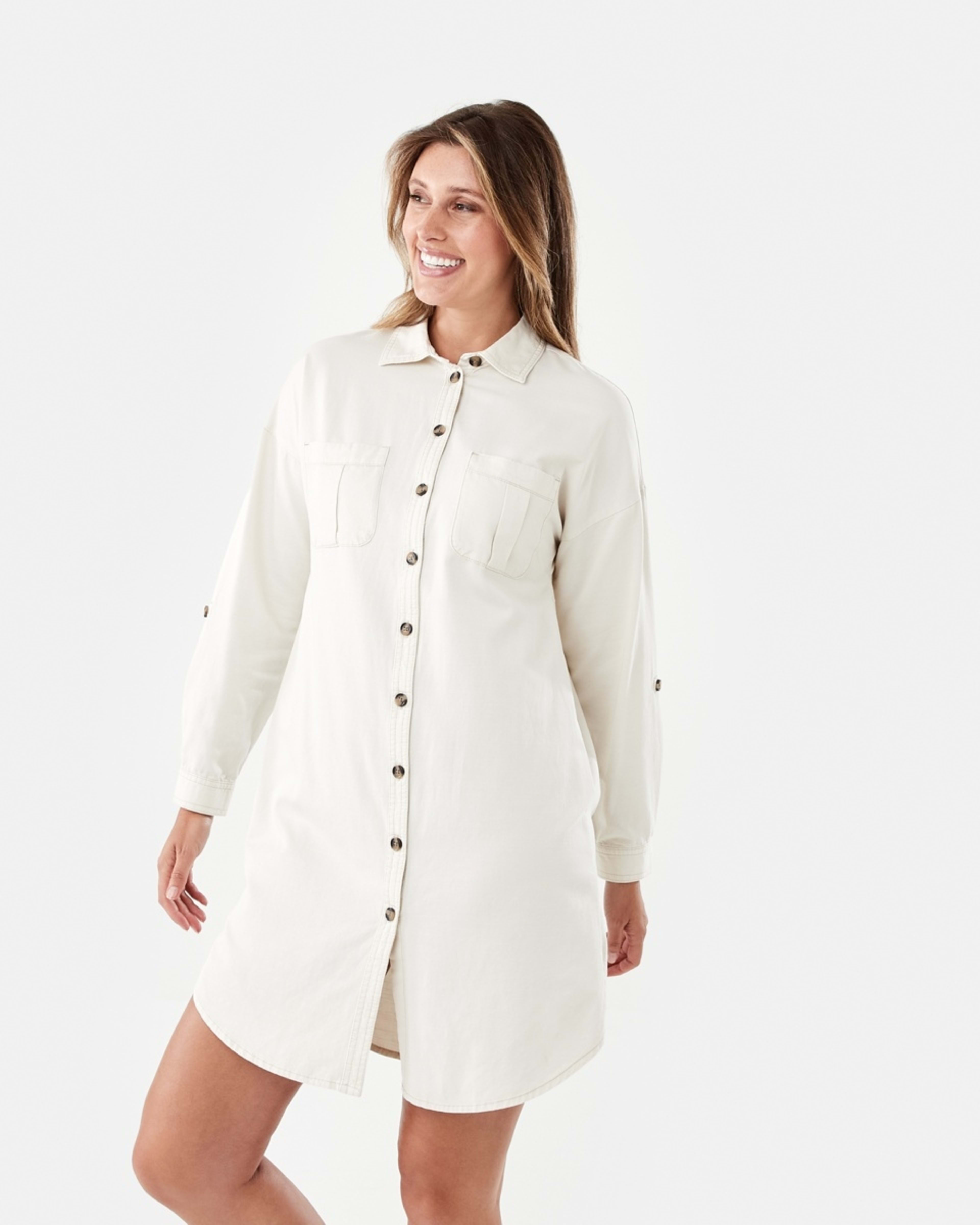2 Long Sleeve Shift Shirt Mini Dress Bge Cream, 2 of 9