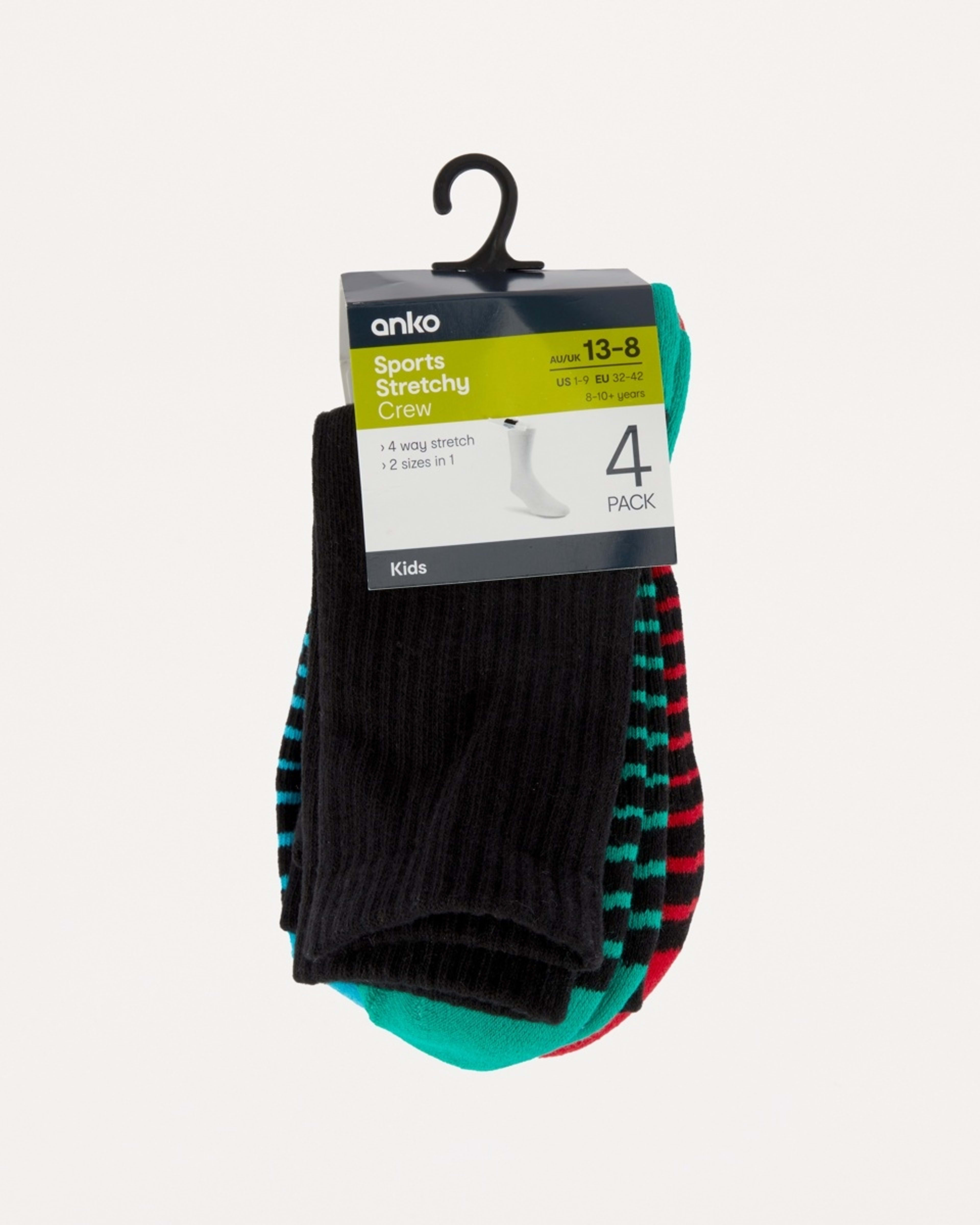 3 4 Pack Active Kids Stretchy Sports Crew Socks BLACK STRIPE, 3 of 3