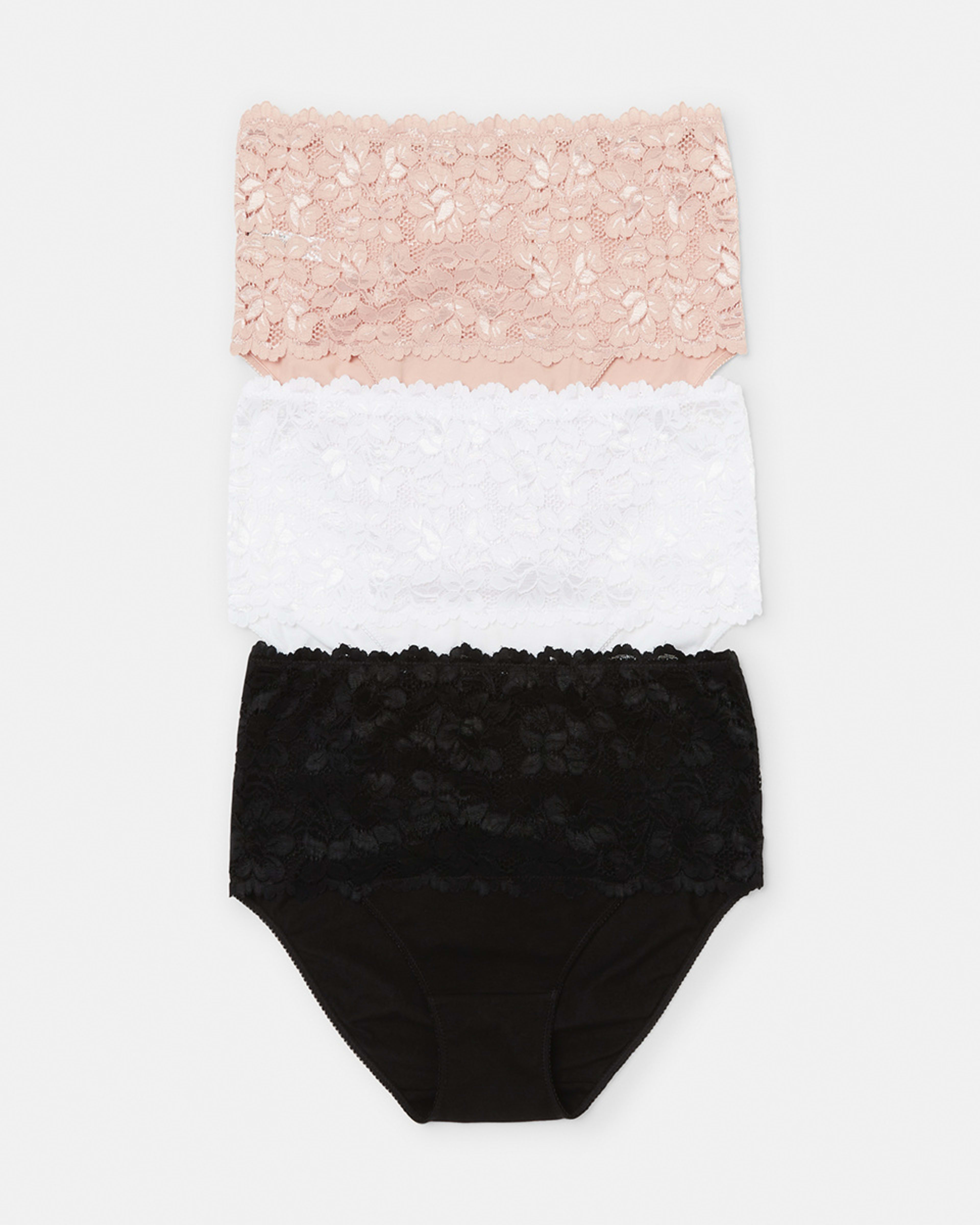 1 3 Pack Lace Front Full Briefs BLACK, WHITE, OYSTER PINK, 1 of 9
