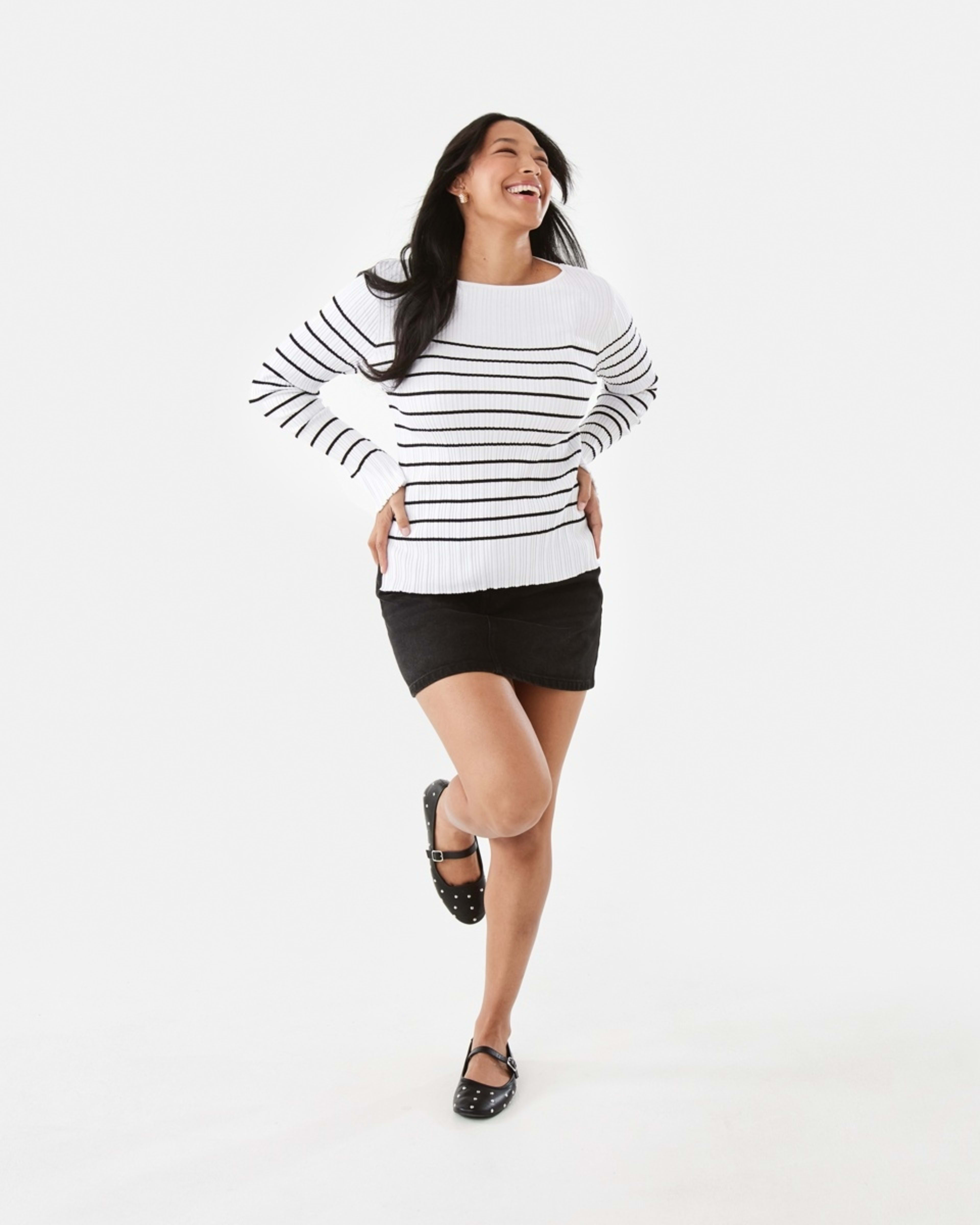 2 Long Sleeve Rib Boat Neck Top BLACK STRIPE, 2 of 9