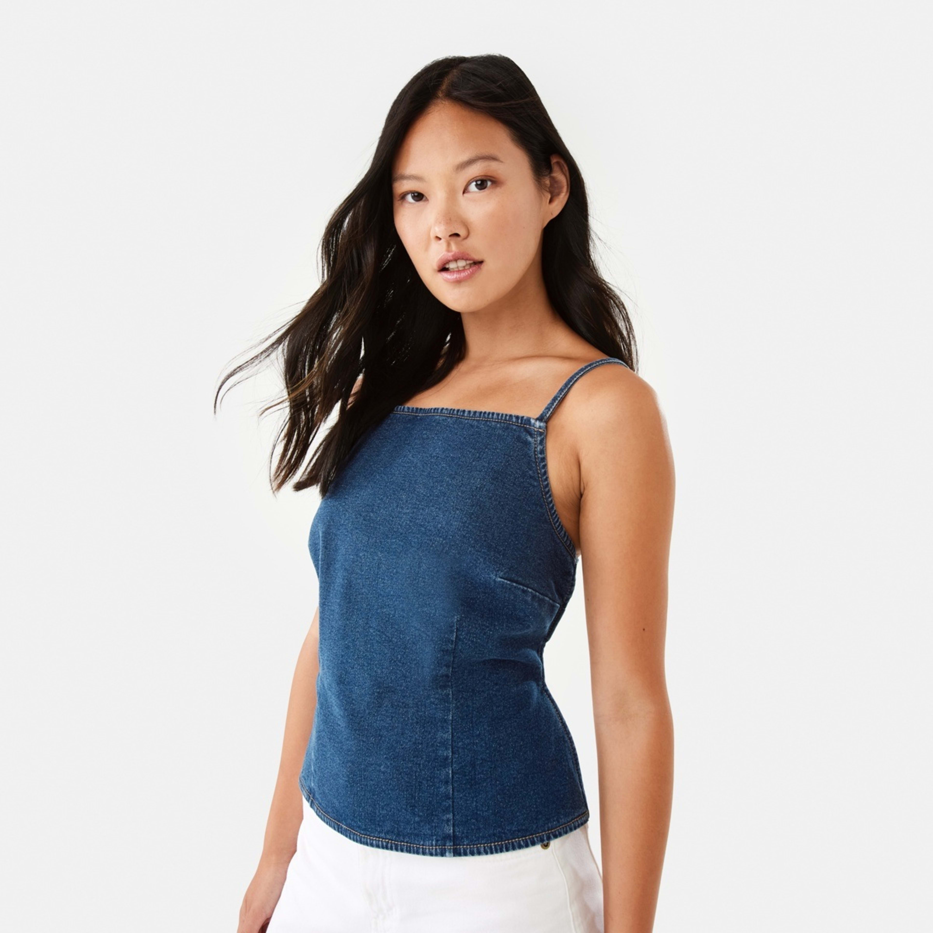 1 Sleeveless Buckle Back Denim Top Dark Wash, 1 of 9