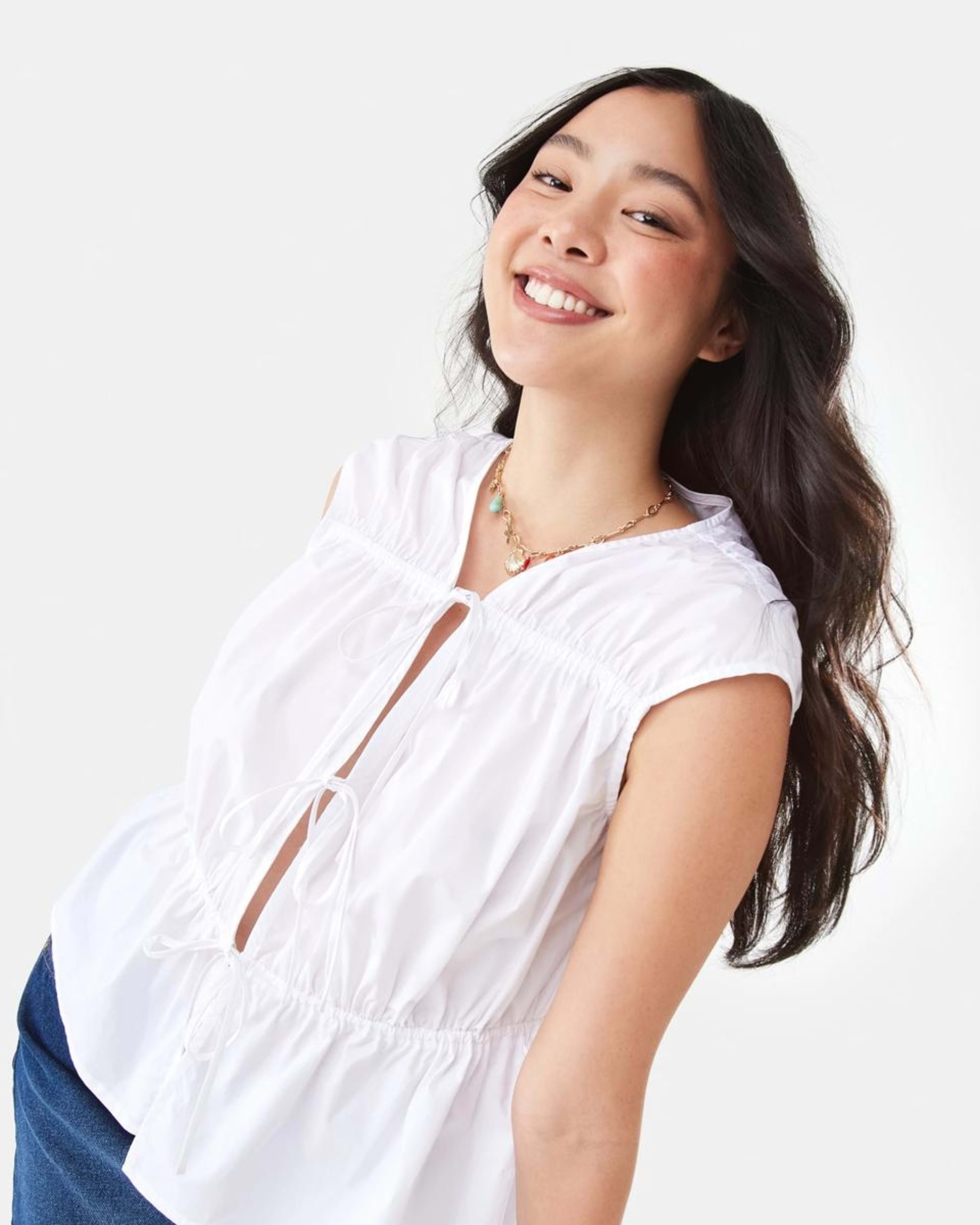 5 Sleeveless Poplin Gathered Tie Top WHITE, 5 of 9
