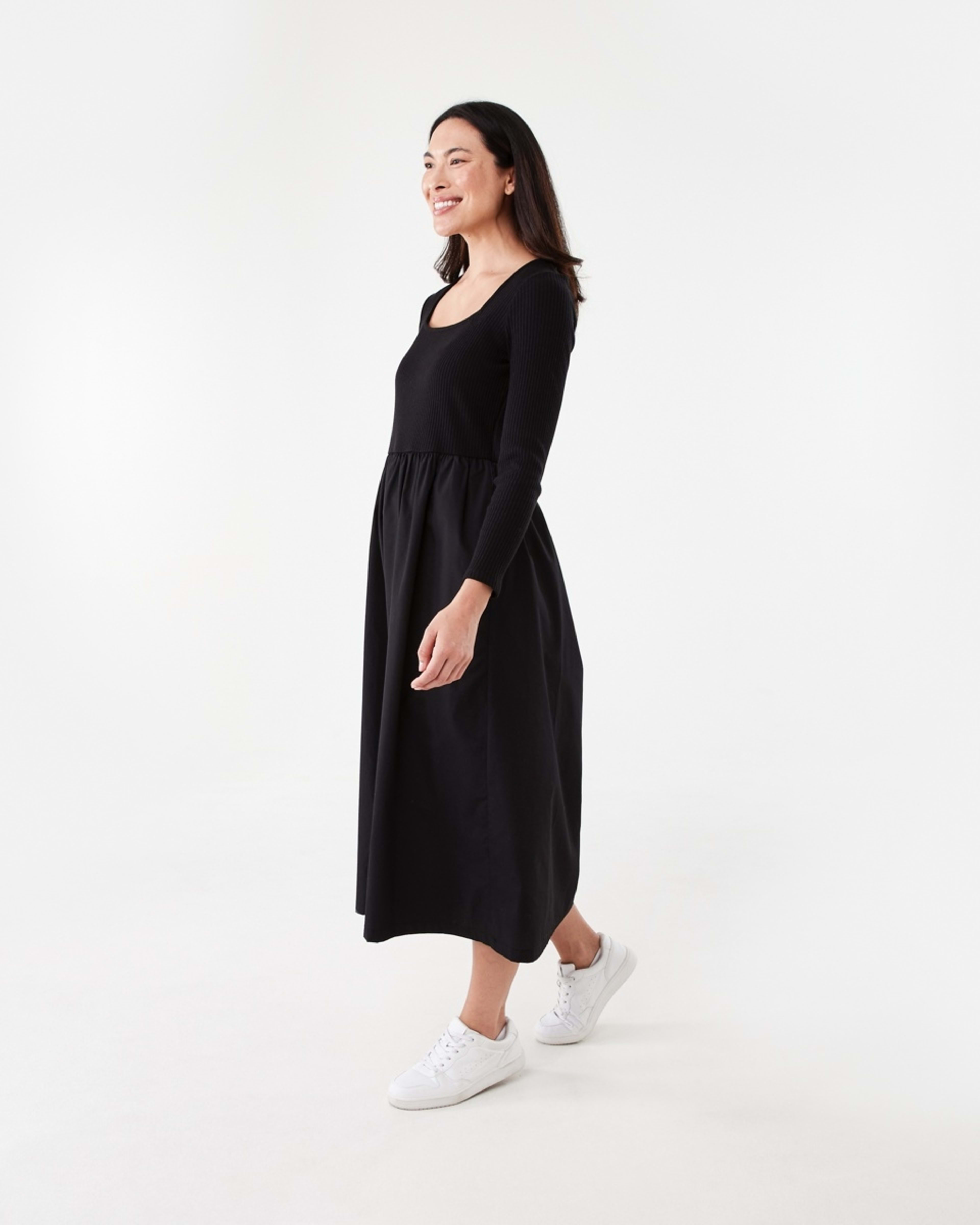 2 Long Sleeve Knit Woven Midi Dress Black, 2 of 7