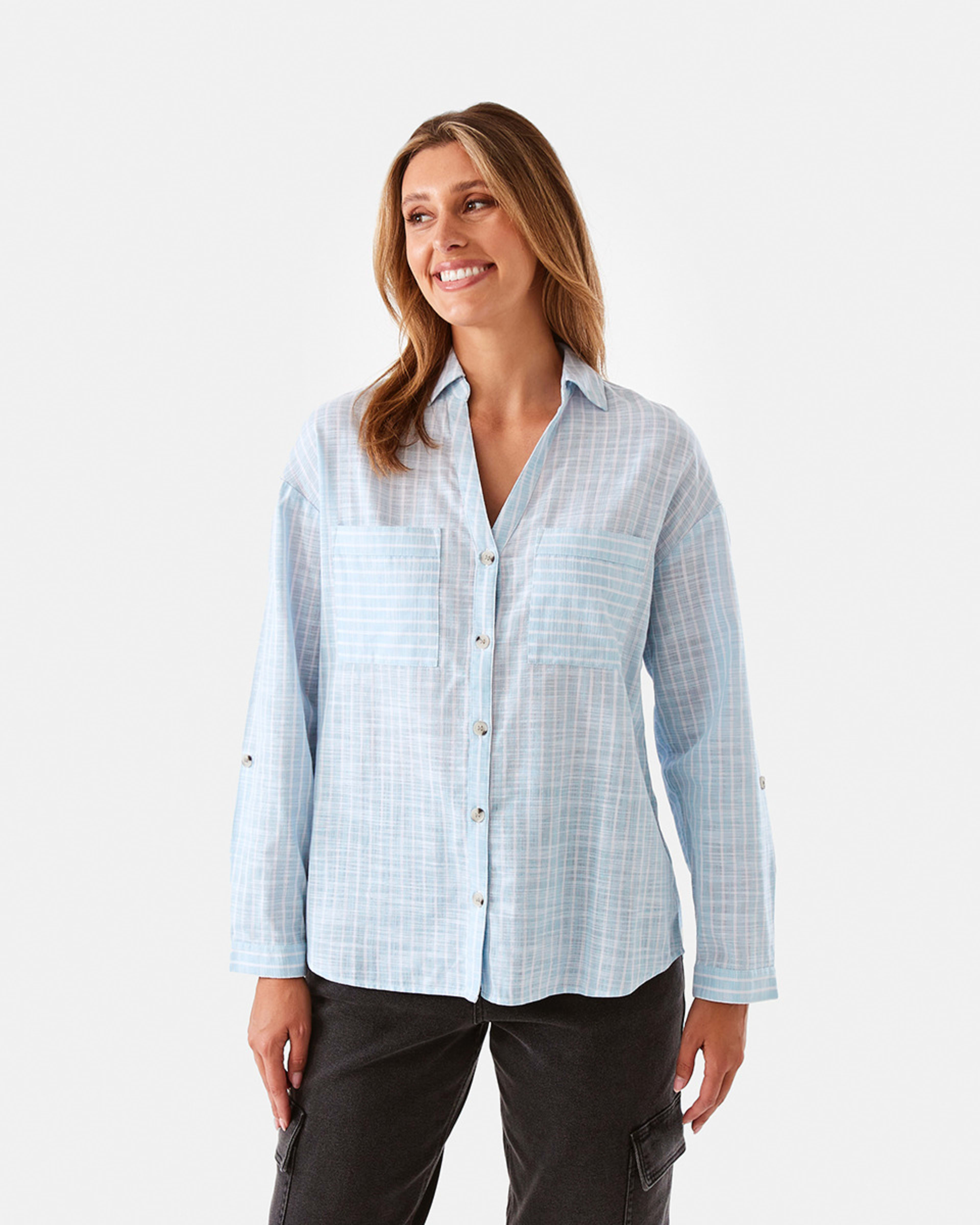 2 Rolled Sleeve Cotton Slub Shirt Bl/wh Strp, 2 of 9