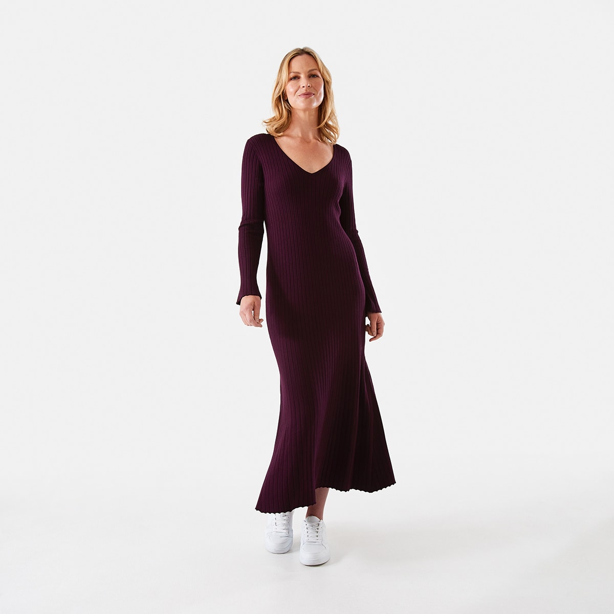 Long Sleeve V Neck Ribbed Maxi Dress Kmart