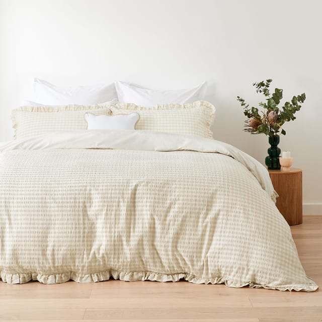 Gingham Ruffle Cotton Quilt Cover Set Single Bed, Sand Kmart