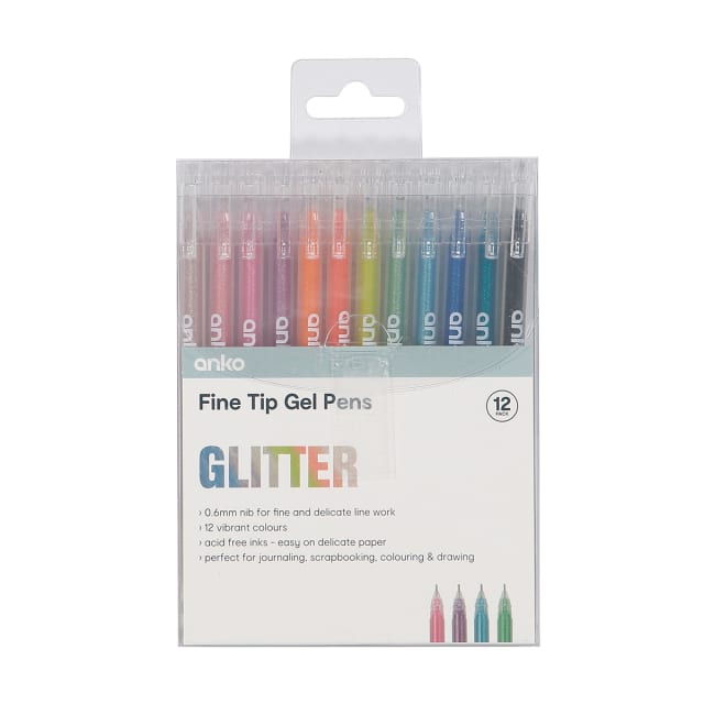 12 Pack Fine Tip Glitter Ink Gel Pens Kmart
