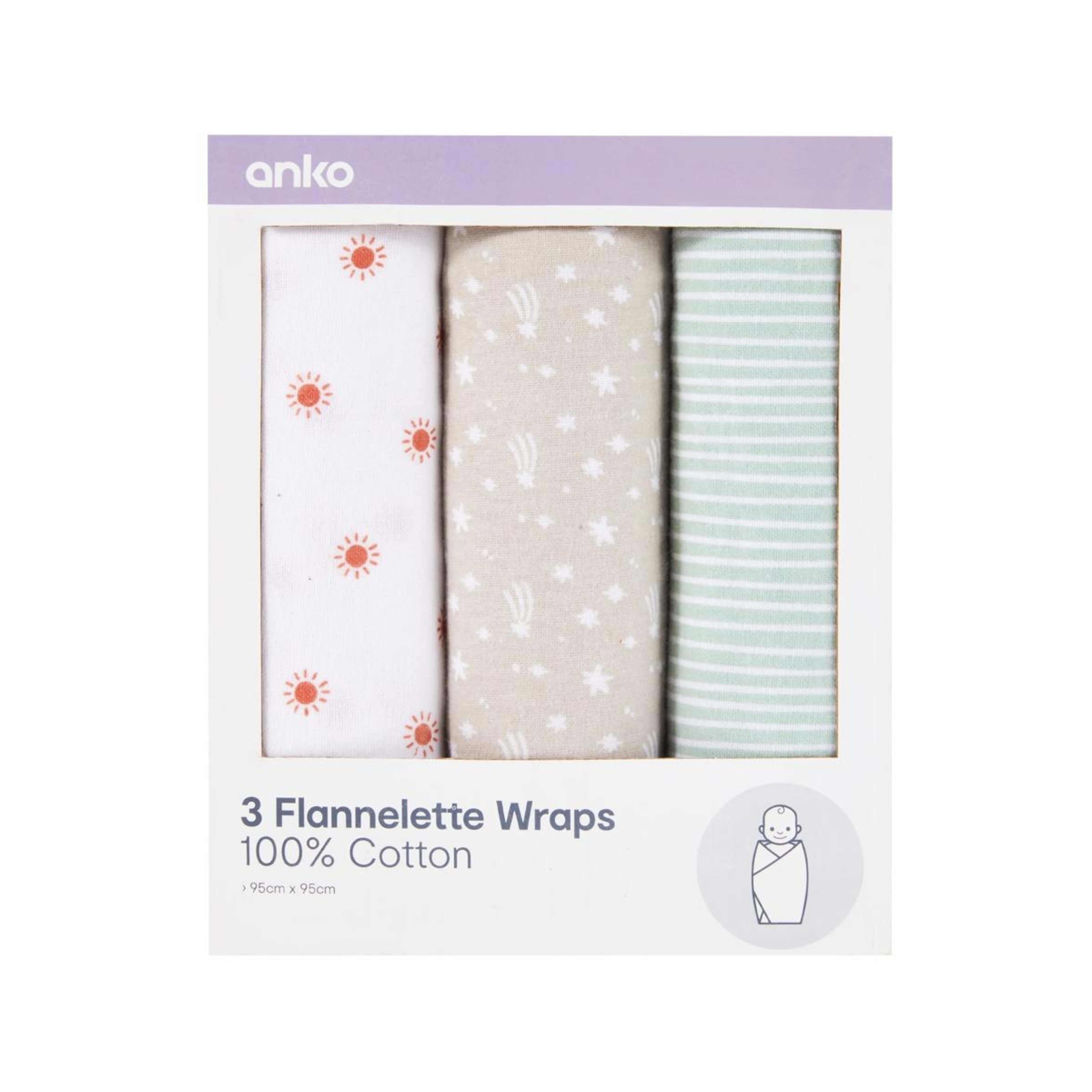 1 3 Pack Cotton Flannelette Wraps - Stars, 1 of 7