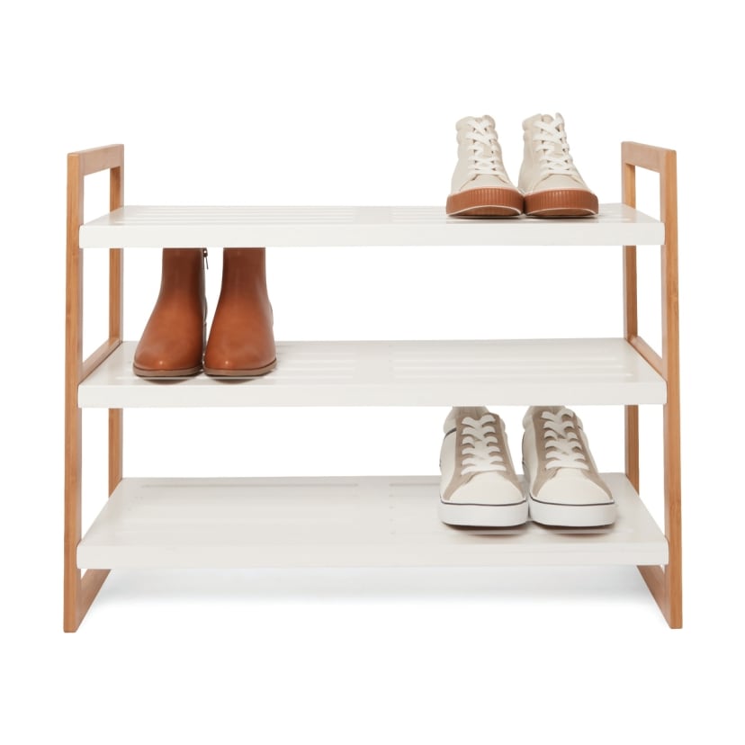 3 Tier Stackable Bamboo Shoe Rack with White Shelves Kmart