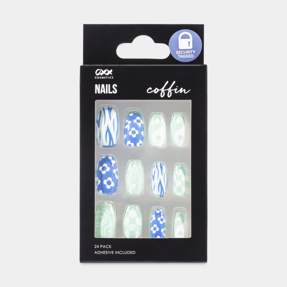 OXX Cosmetics 24 Pack False Nails with Adhesive Coffin Shape, Blue