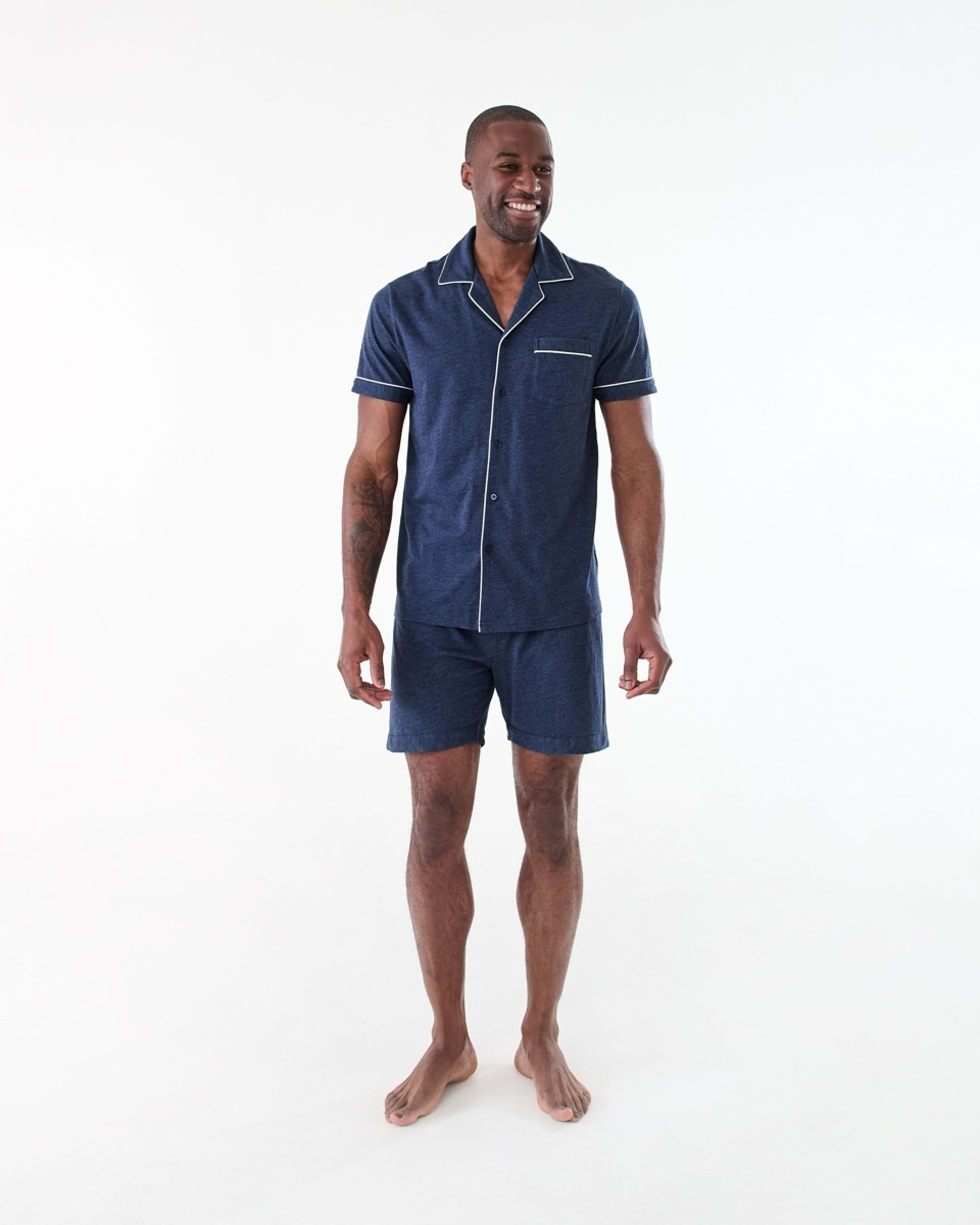 8 Short Sleeve Button Through Knit Pyjama Set NAVY MARLE, 8 of 8