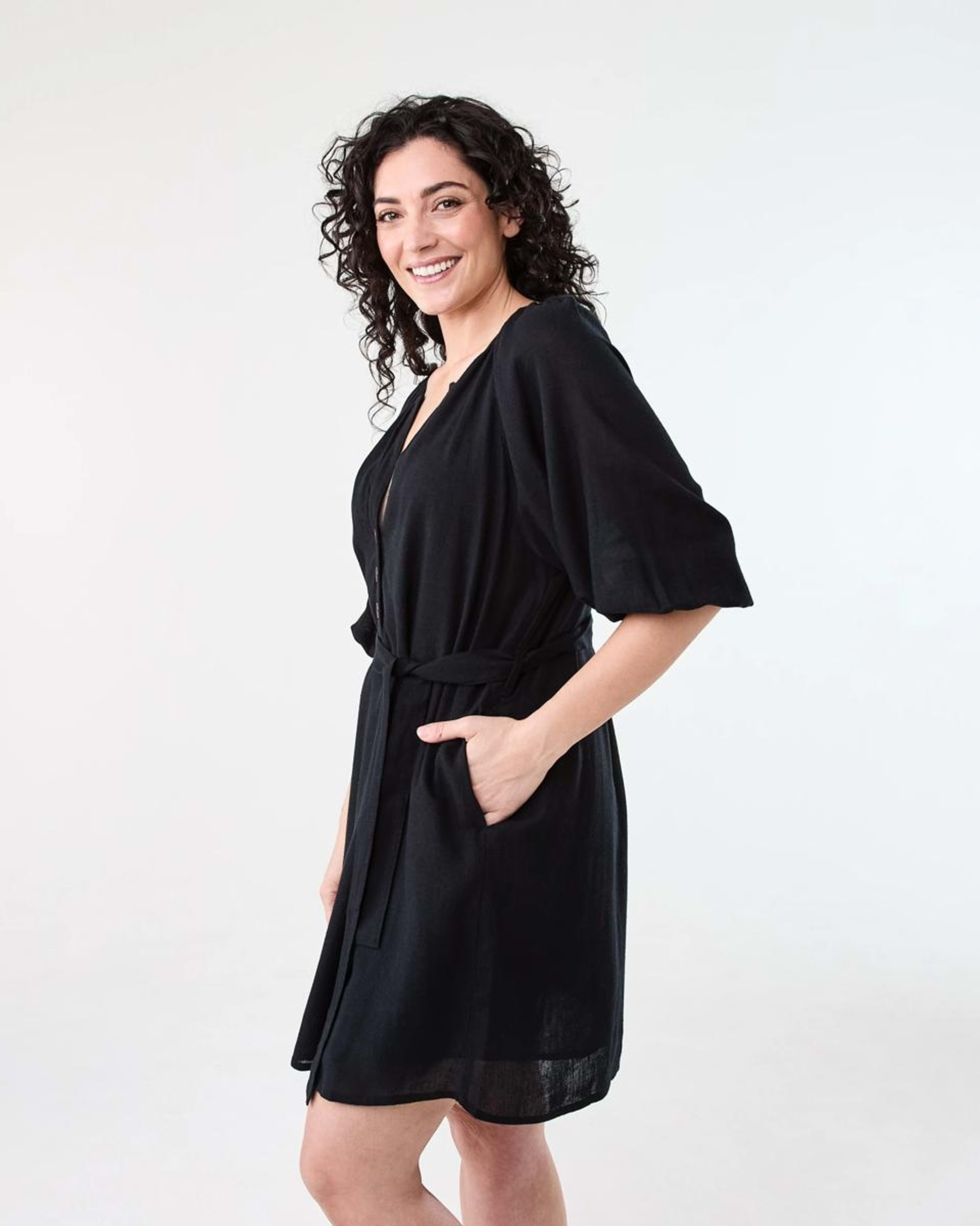 2 Elbow Sleeve Linen Blend Mini Dress BLACK, 2 of 8