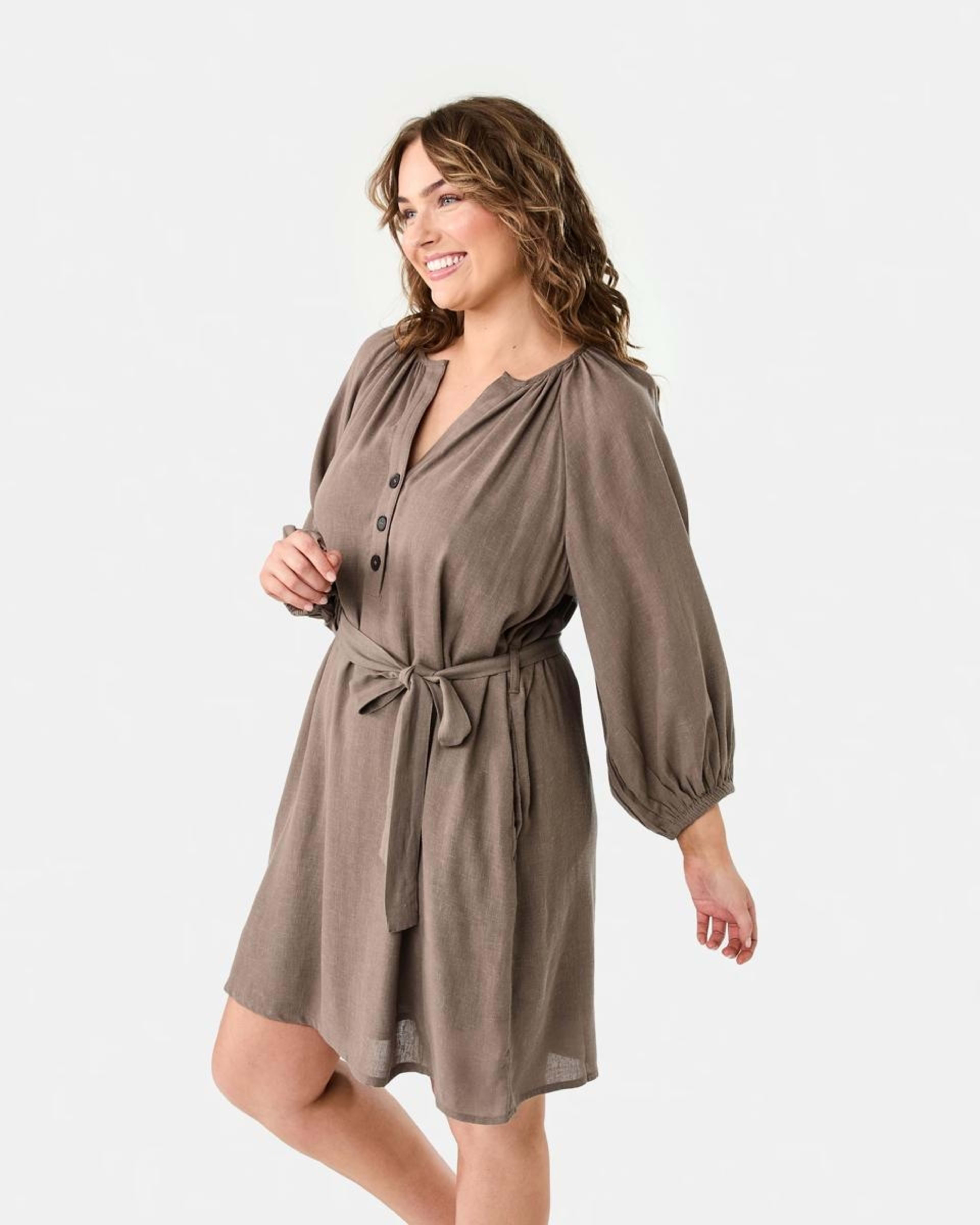 2 Elbow Sleeve Linen Blend Mini Dress DEEP TAUPE, 2 of 8