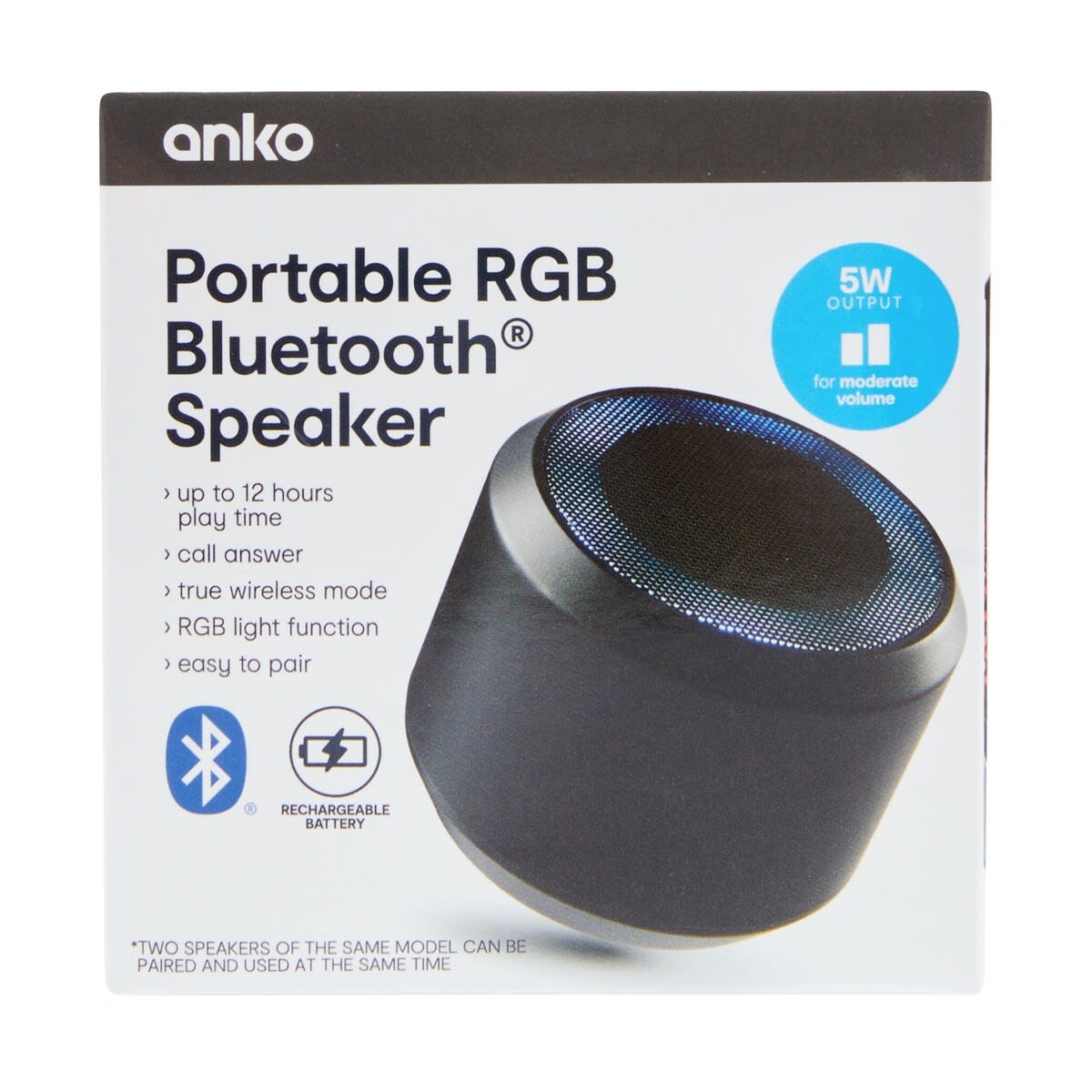 Portable RGB Bluetooth Speaker - Black - Kmart