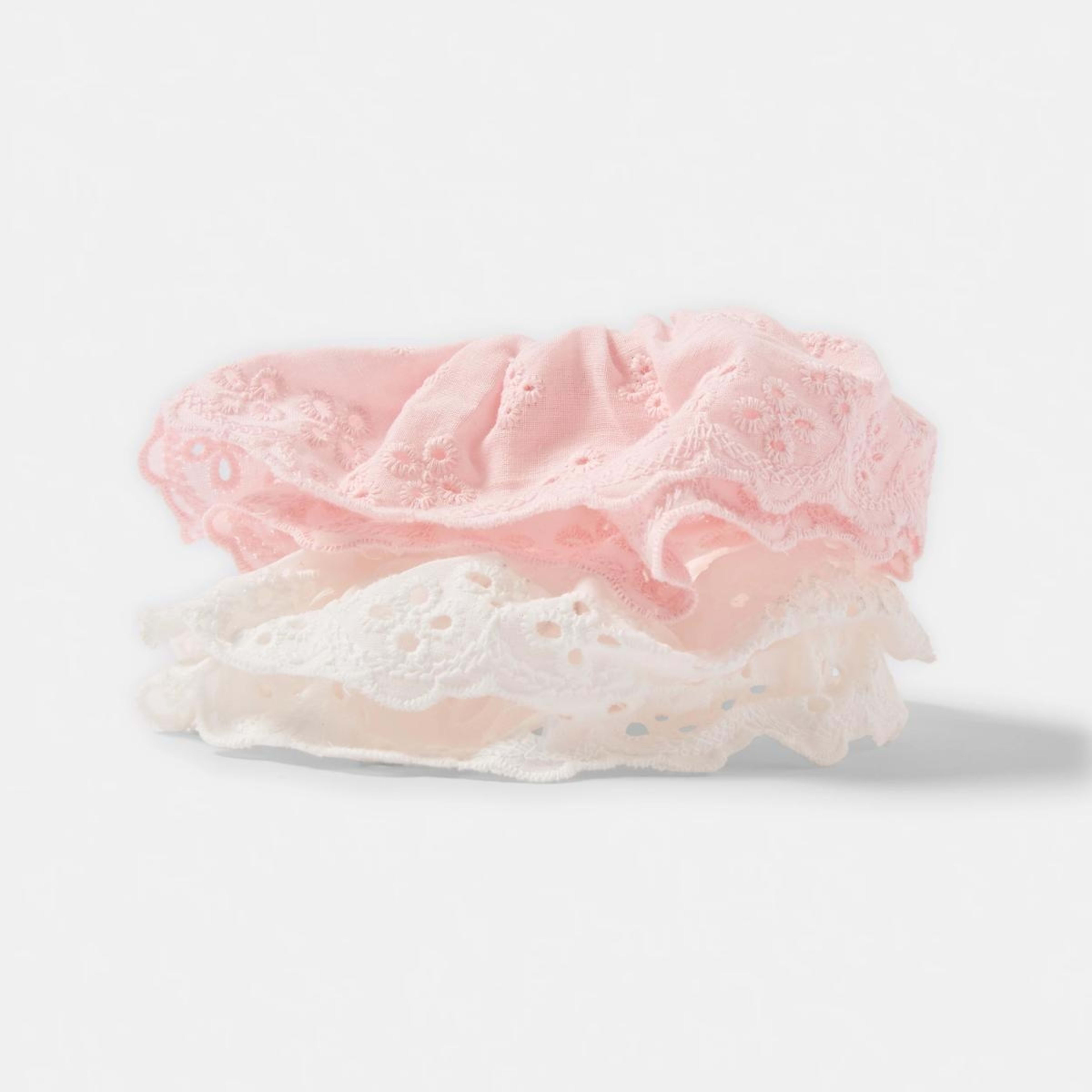 1 2 Pack Broderie Hair Scrunchies - White and Pink