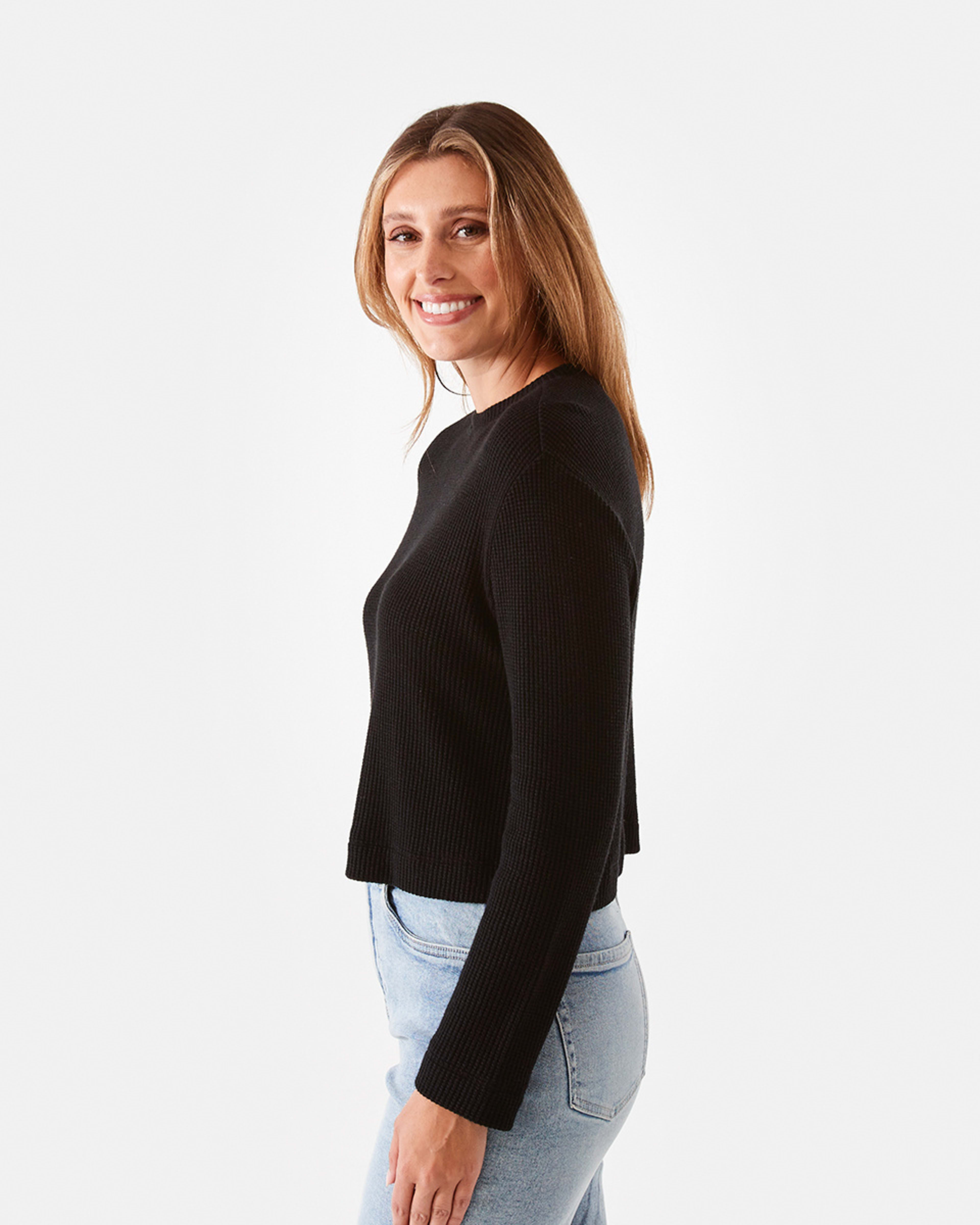 2 Long Sleeve Waffle Crew Neck Crop Top Black, 2 of 6