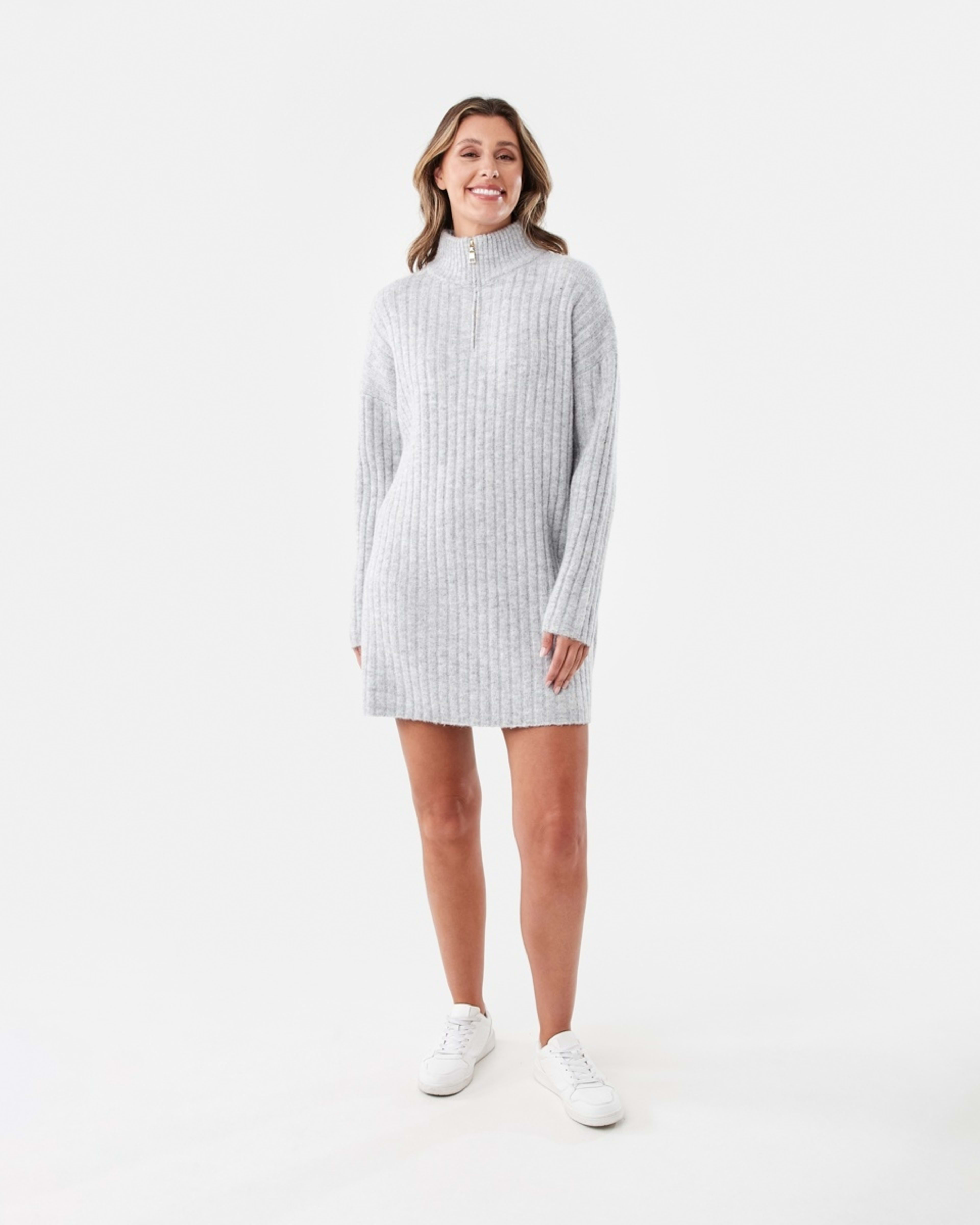 7 Long Sleeve Half Zip True Knit Mini Dress Grey Marle, 7 of 7