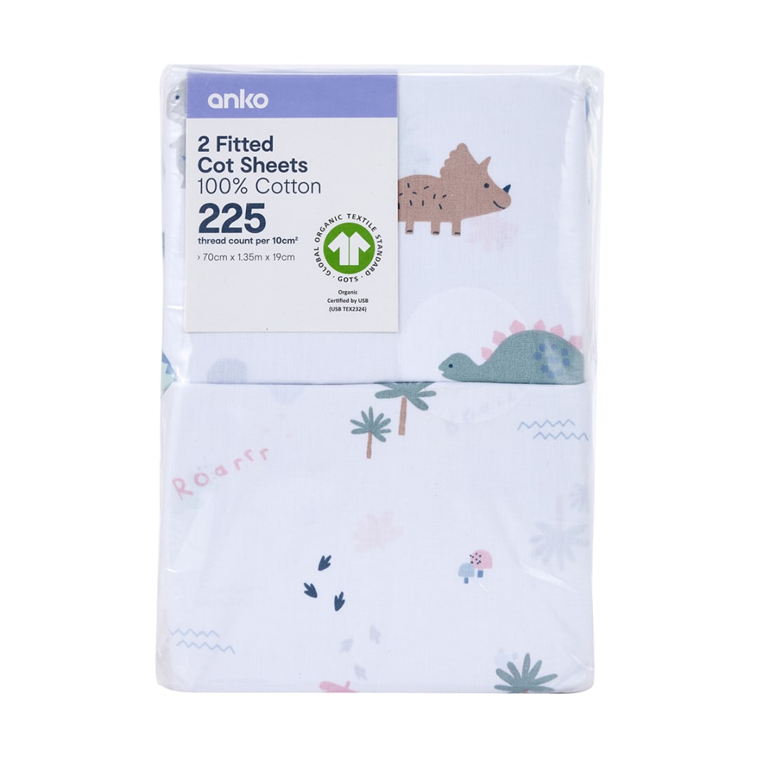 2 Pack Organic Cotton Fitted Cot Sheets Dino Print Kmart