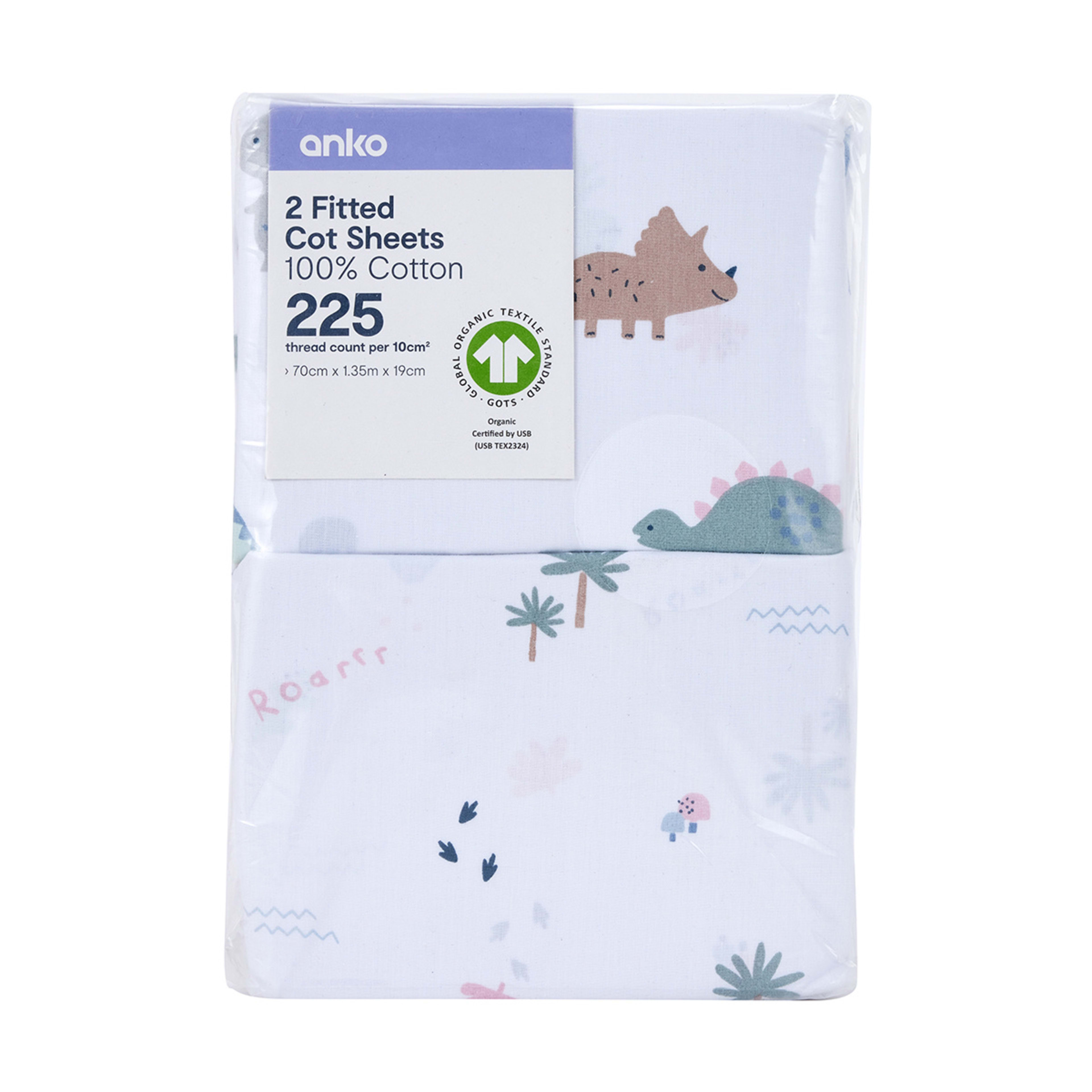 2 Pack Organic Cotton Fitted Cot Sheets Dino Print Kmart