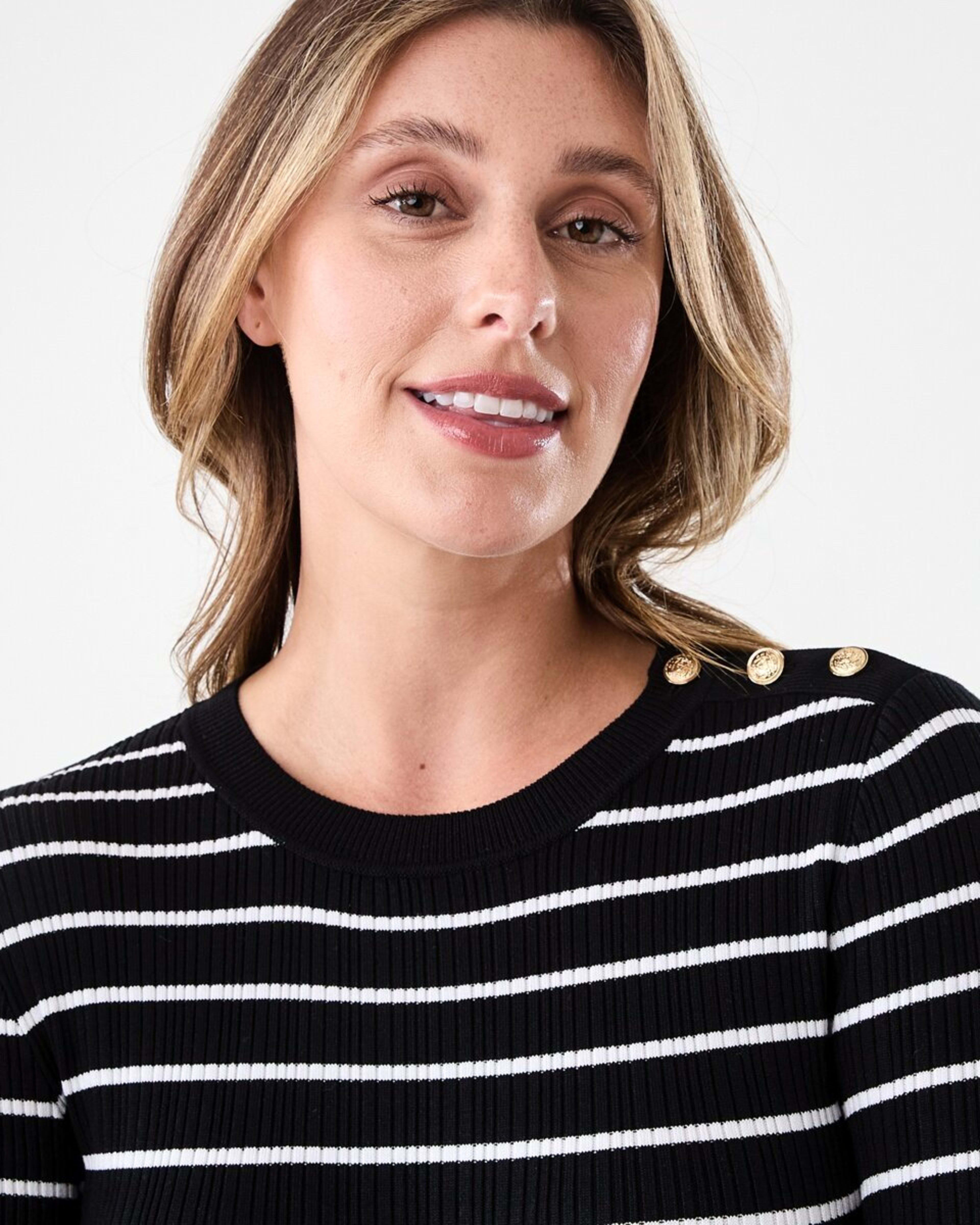 4 Long Sleeve Button Detail Top Ecru Strp, 4 of 6