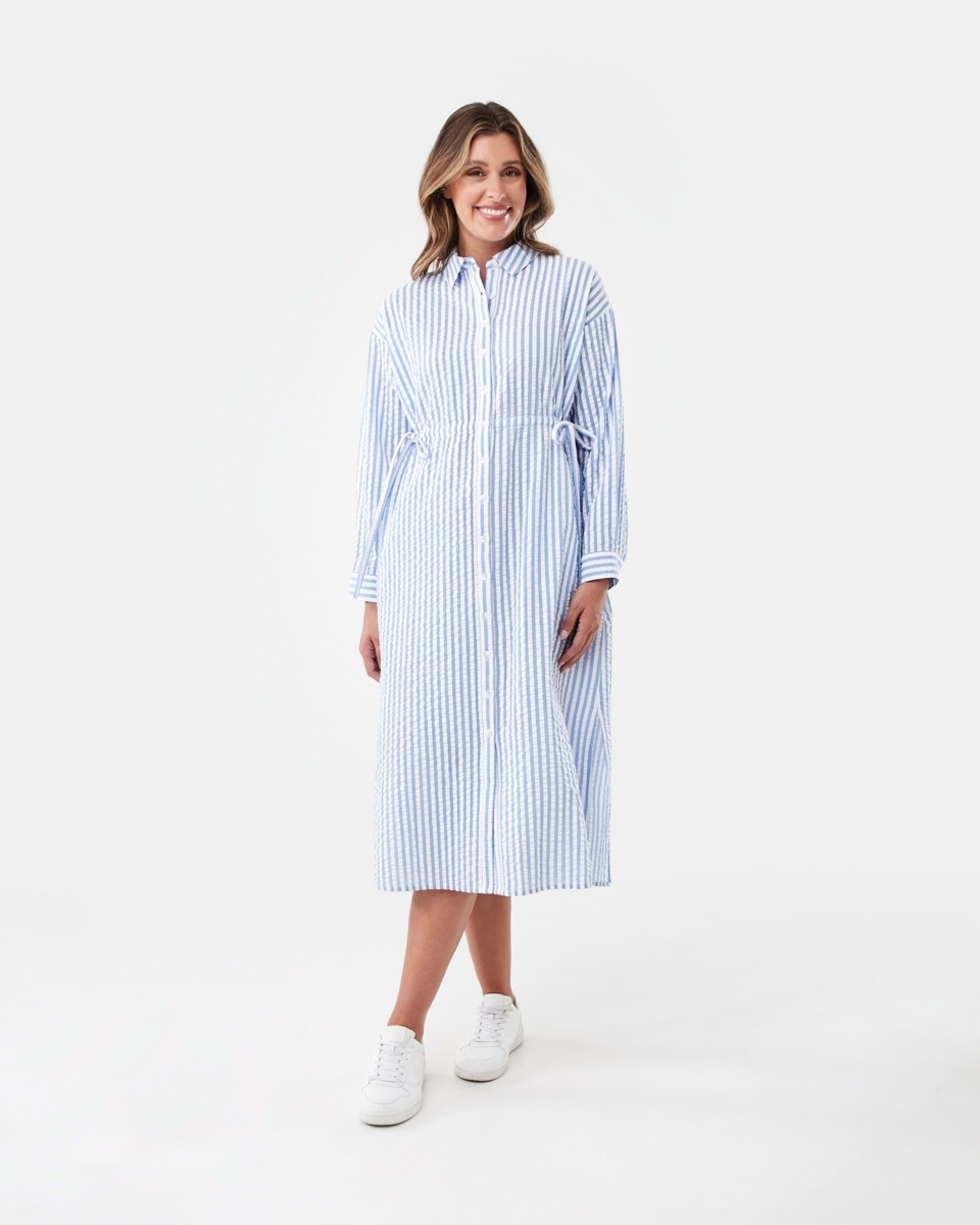 1 Long Sleeve Ruched Front Midi Shirt Dress Tny Stripe, 1 of 8