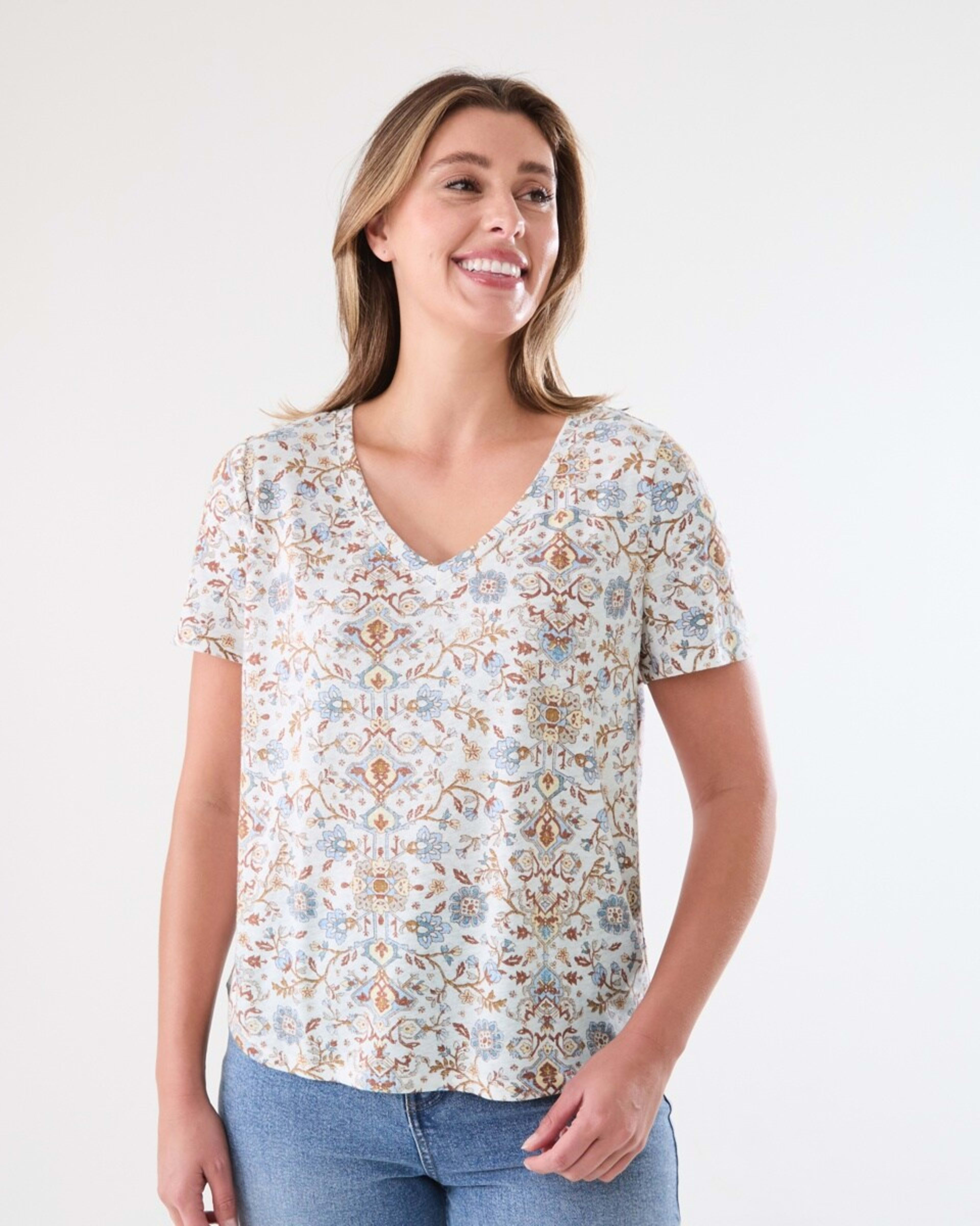 1 Short Sleeve Linen Blend V-Neck T-shirt BOHO FLORAL BRUNI BLUE, 1 of 5