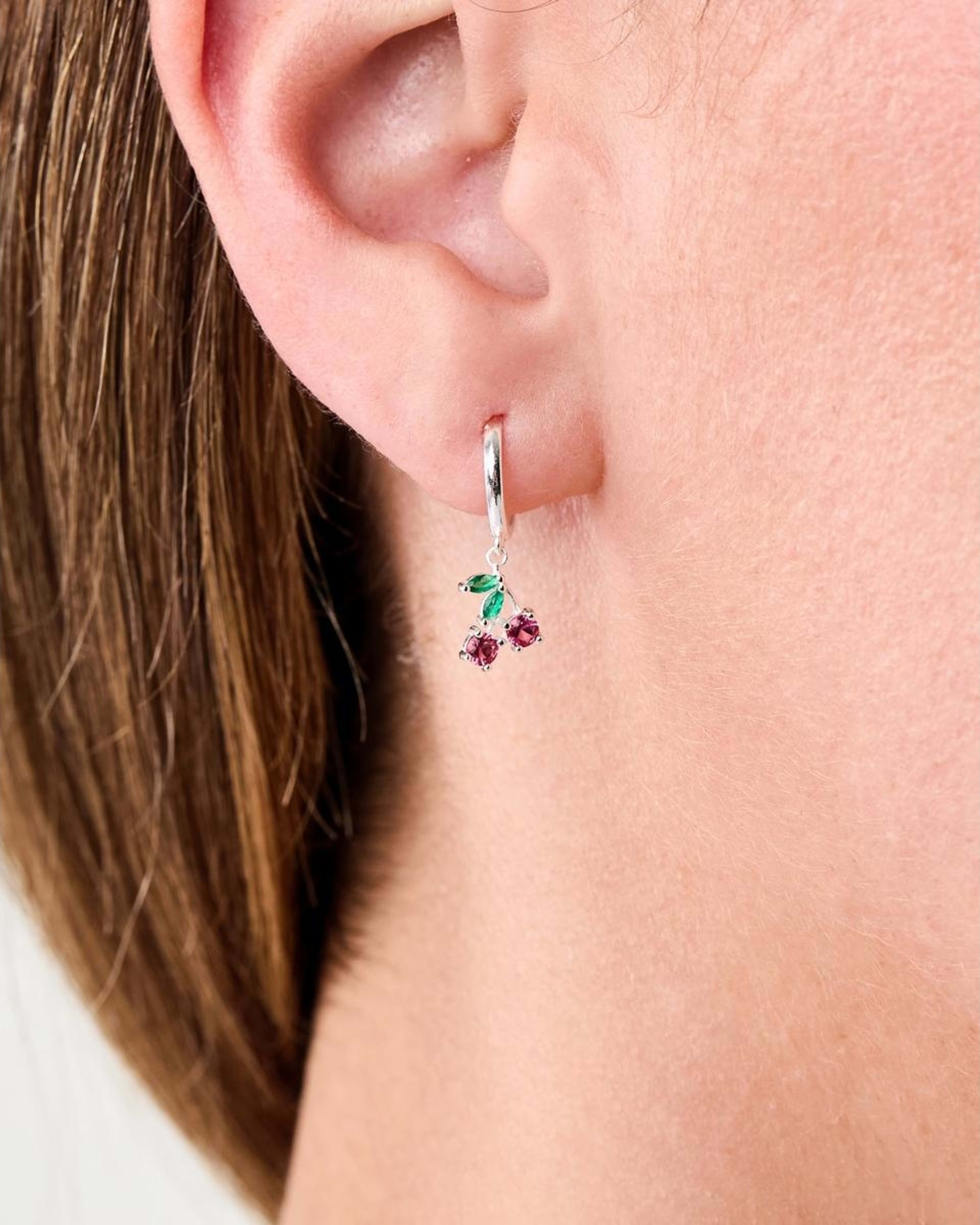 3 Cubic Zirconia Sterling Silver 925 Cherry Huggie Hoop Earrings Silver, 3 of 5